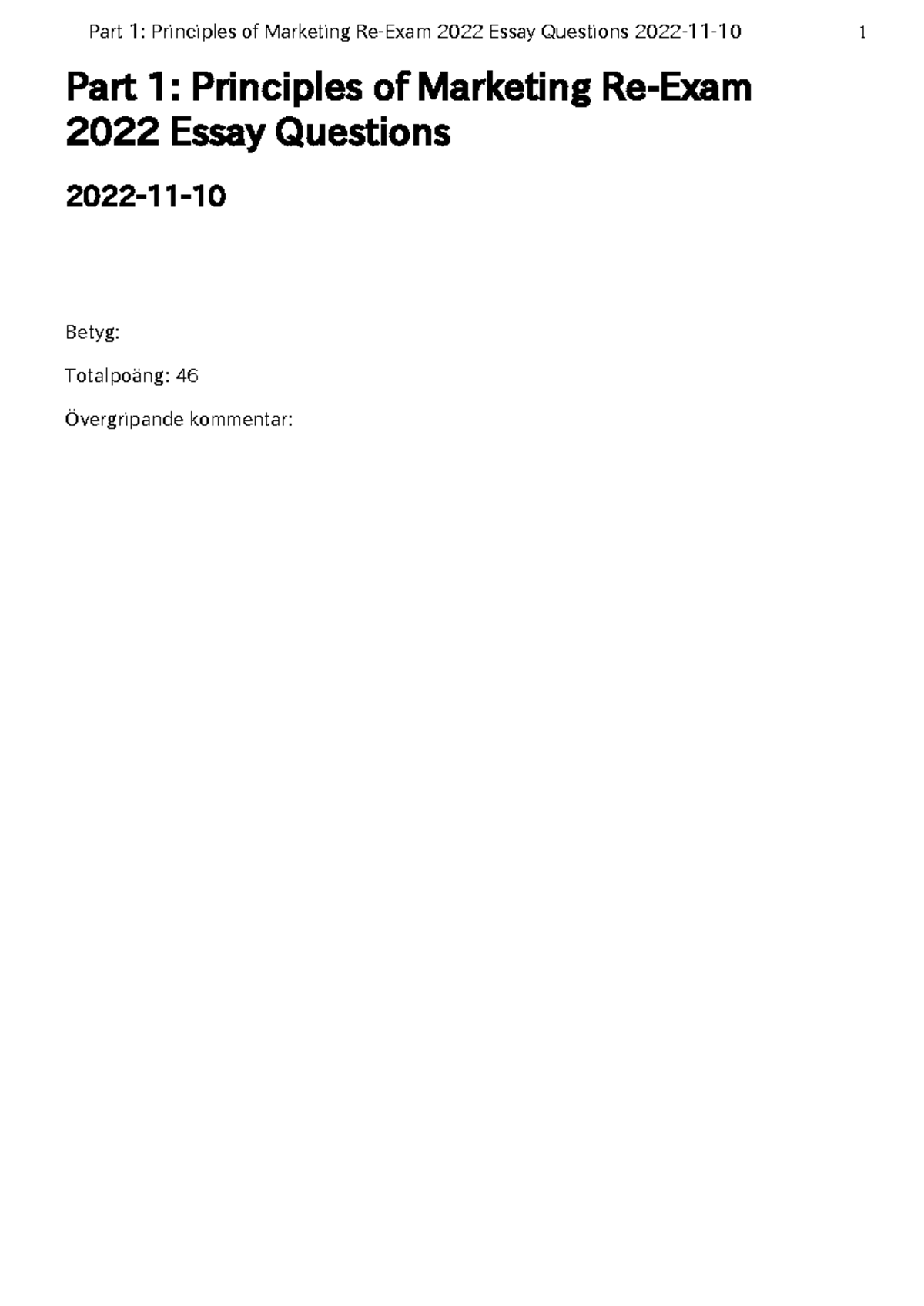 FE1302 Principles of Marketing - Re-Exam Essay Questions (Part 1) - Studocu