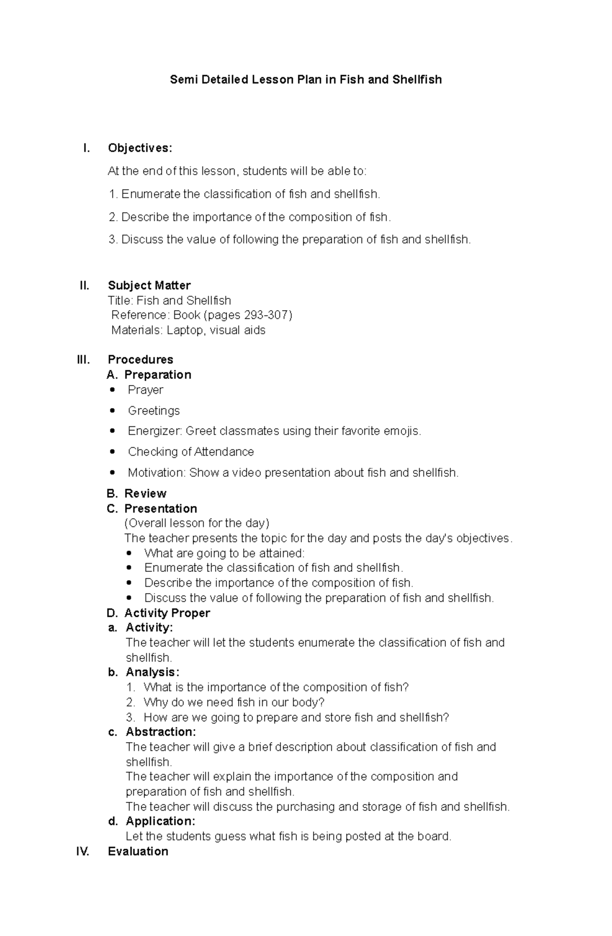 Semi-Detailed Lesson Plan: Fish & Shellfish I - Studocu