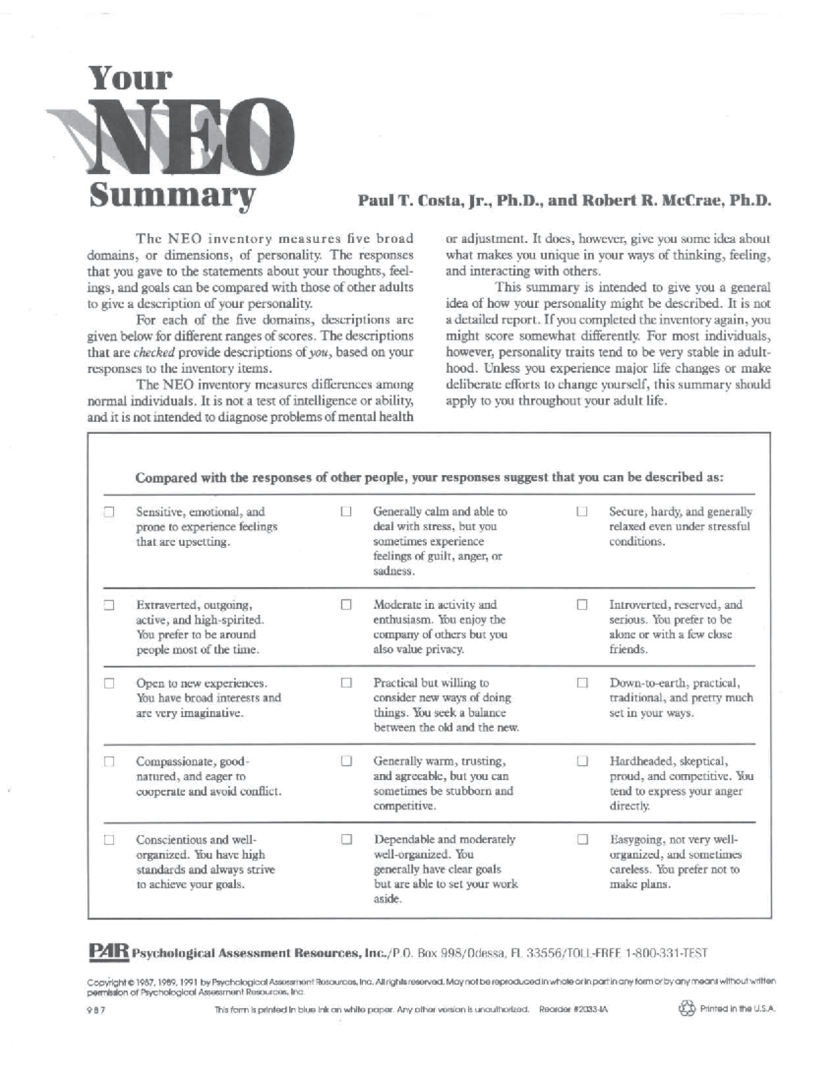 NEO PI-R Personality Inventory Summary & Insights (240 Items) - Studocu