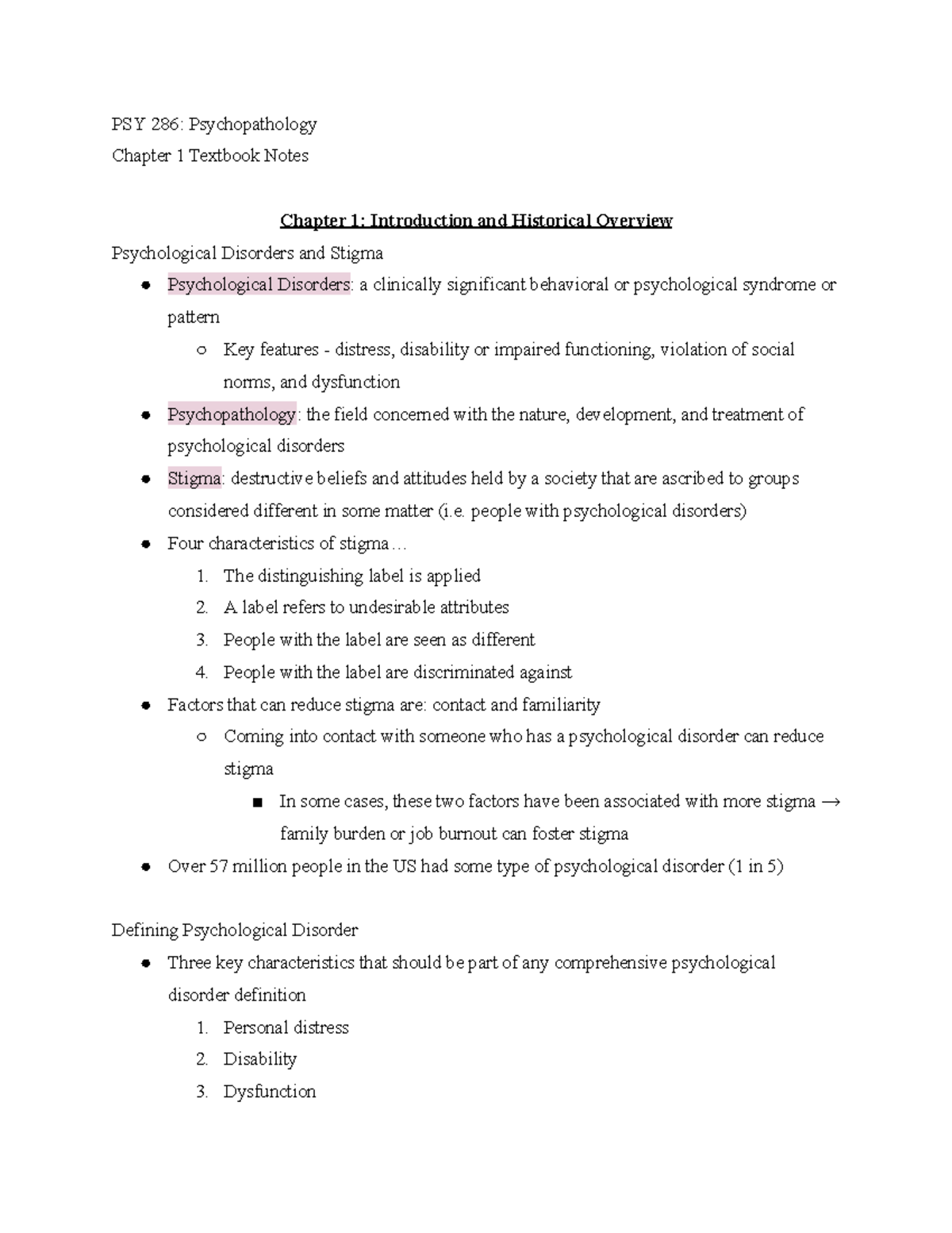 PSY 286: Psychopathology Chapter 1 Historical Overview & Stigma Notes ...