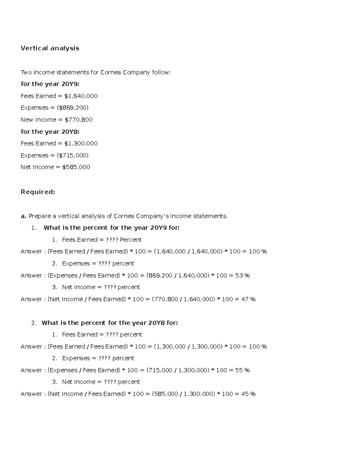 Vertical Analysis of Cornea Company Income Statements 20Y8 & 20Y9 - Studocu