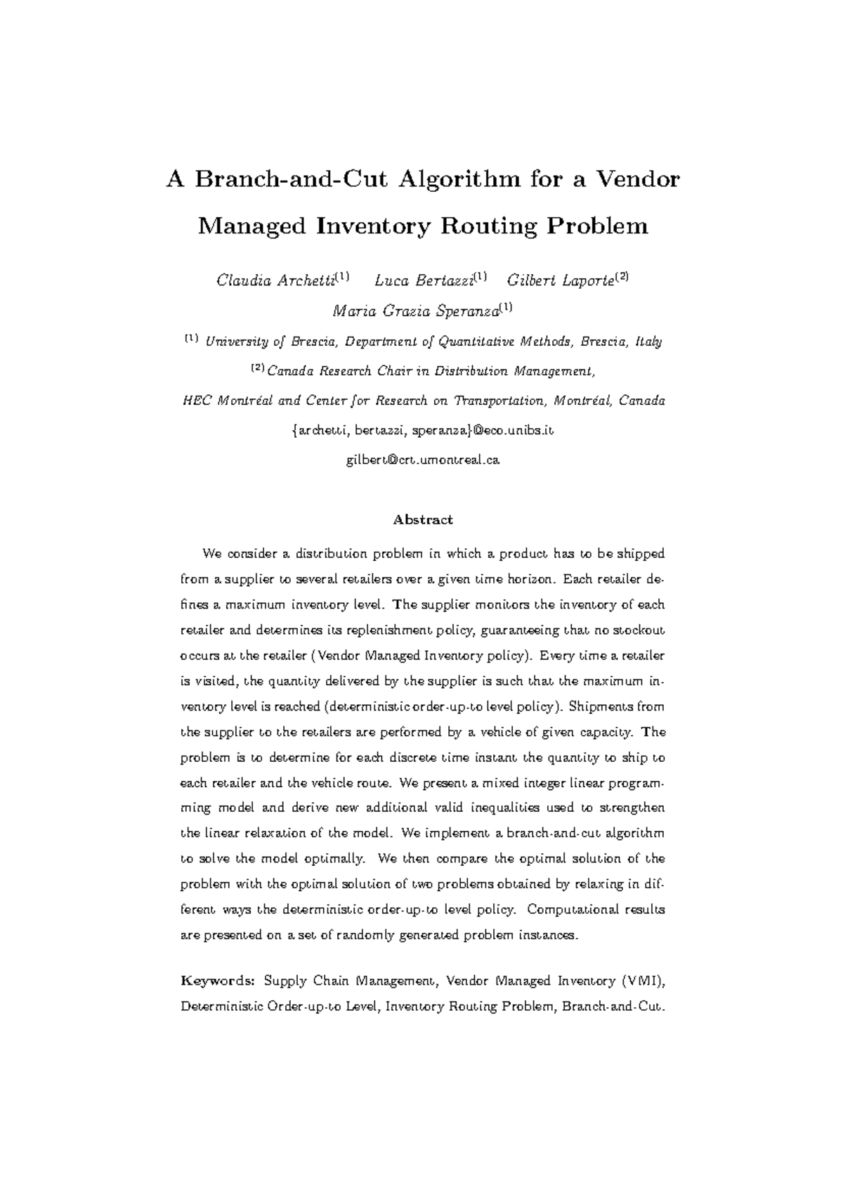 A Branch and Cut Algorithm for Vendor Managed Inventory Routing - Studocu