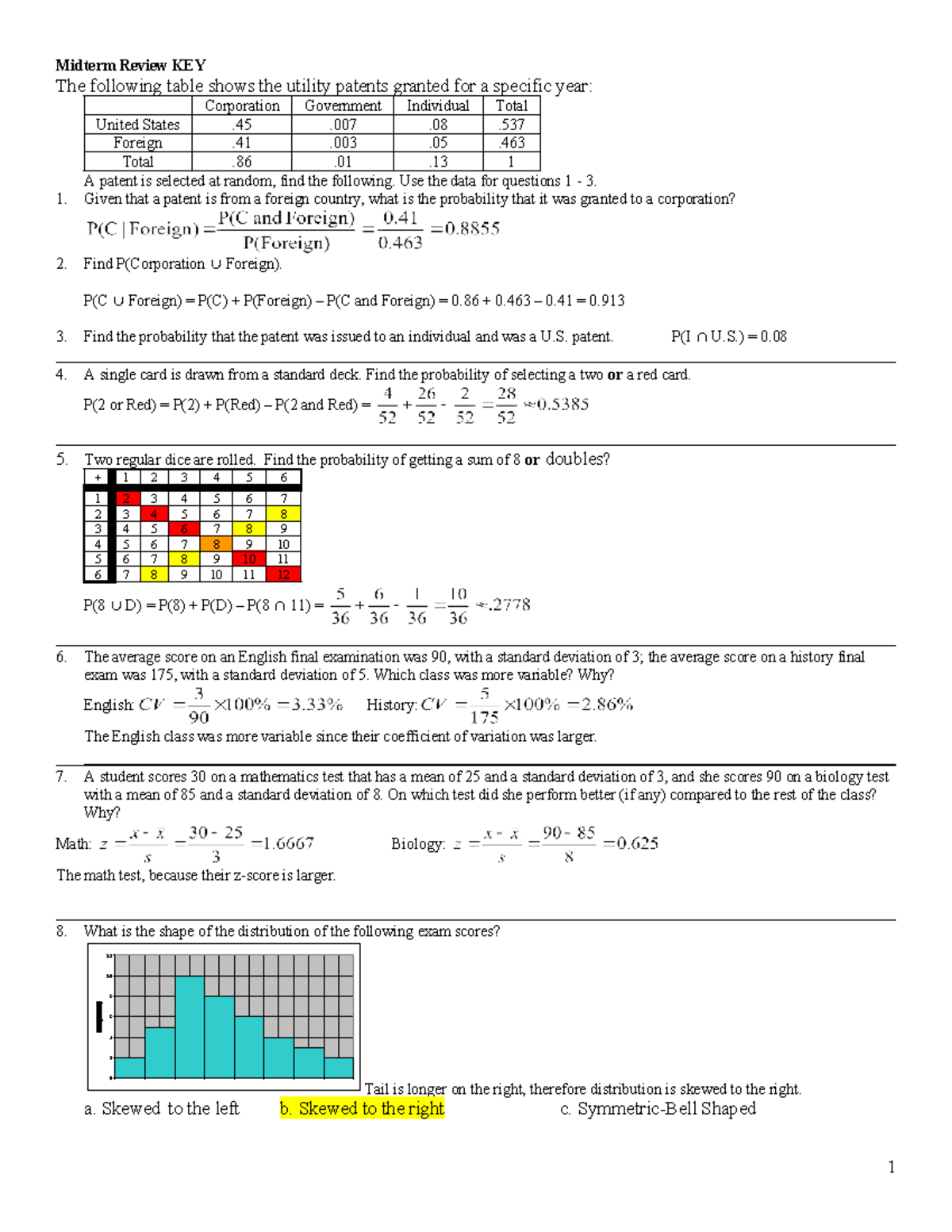 243 Midterm Review KEY: Probability and Statistics Concepts Explained ...