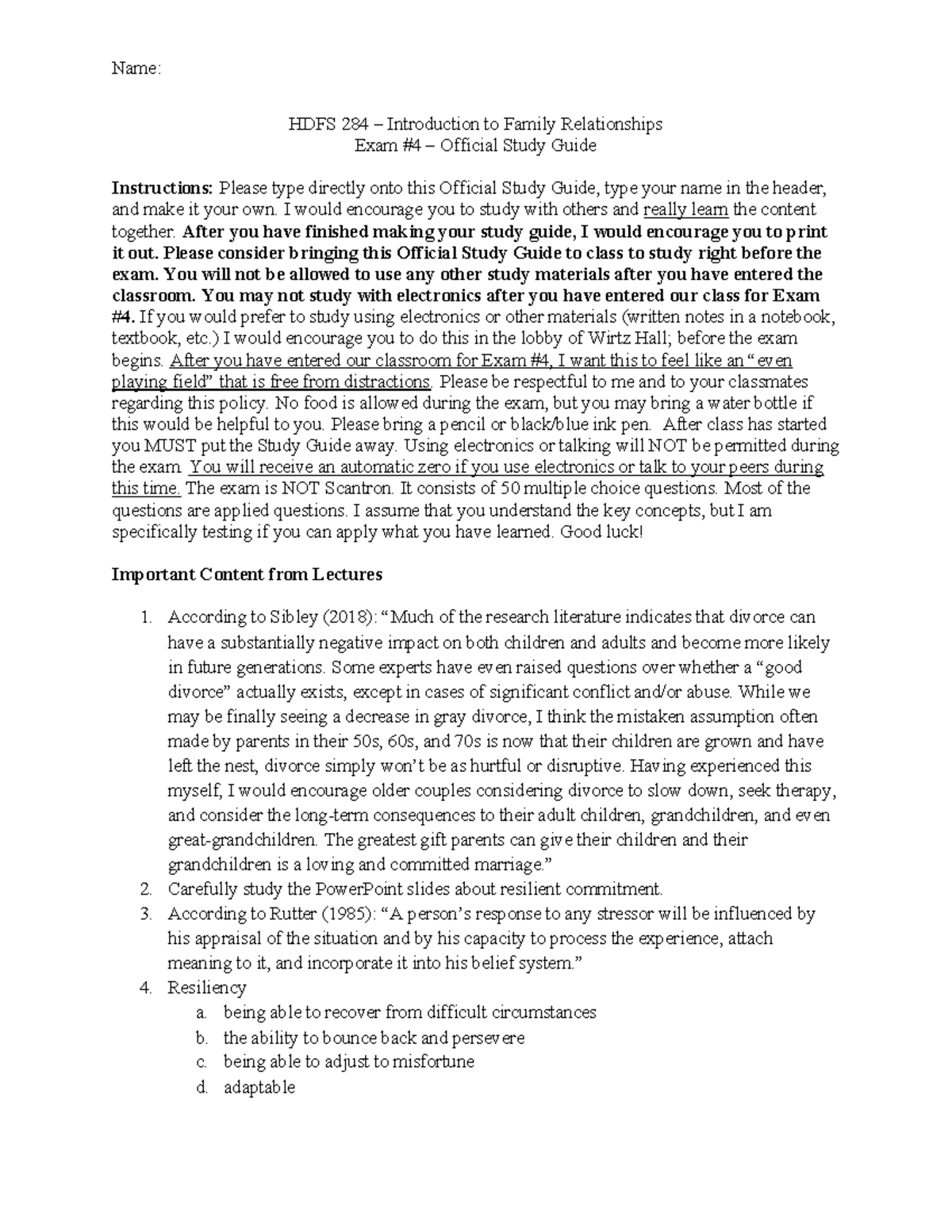 Study Guide for HDFS 284 Exam #4: Family Relationships & Divorce Issues ...