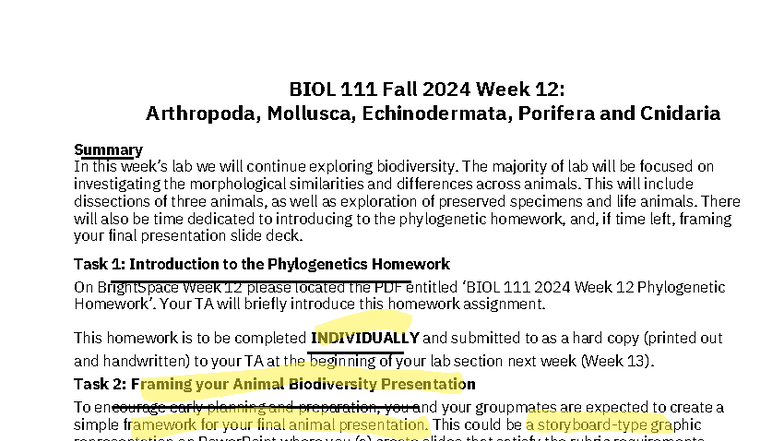 BIOL 111 Fall 2024 Week 12: Biodiversity of Arthropoda, Mollusca ...