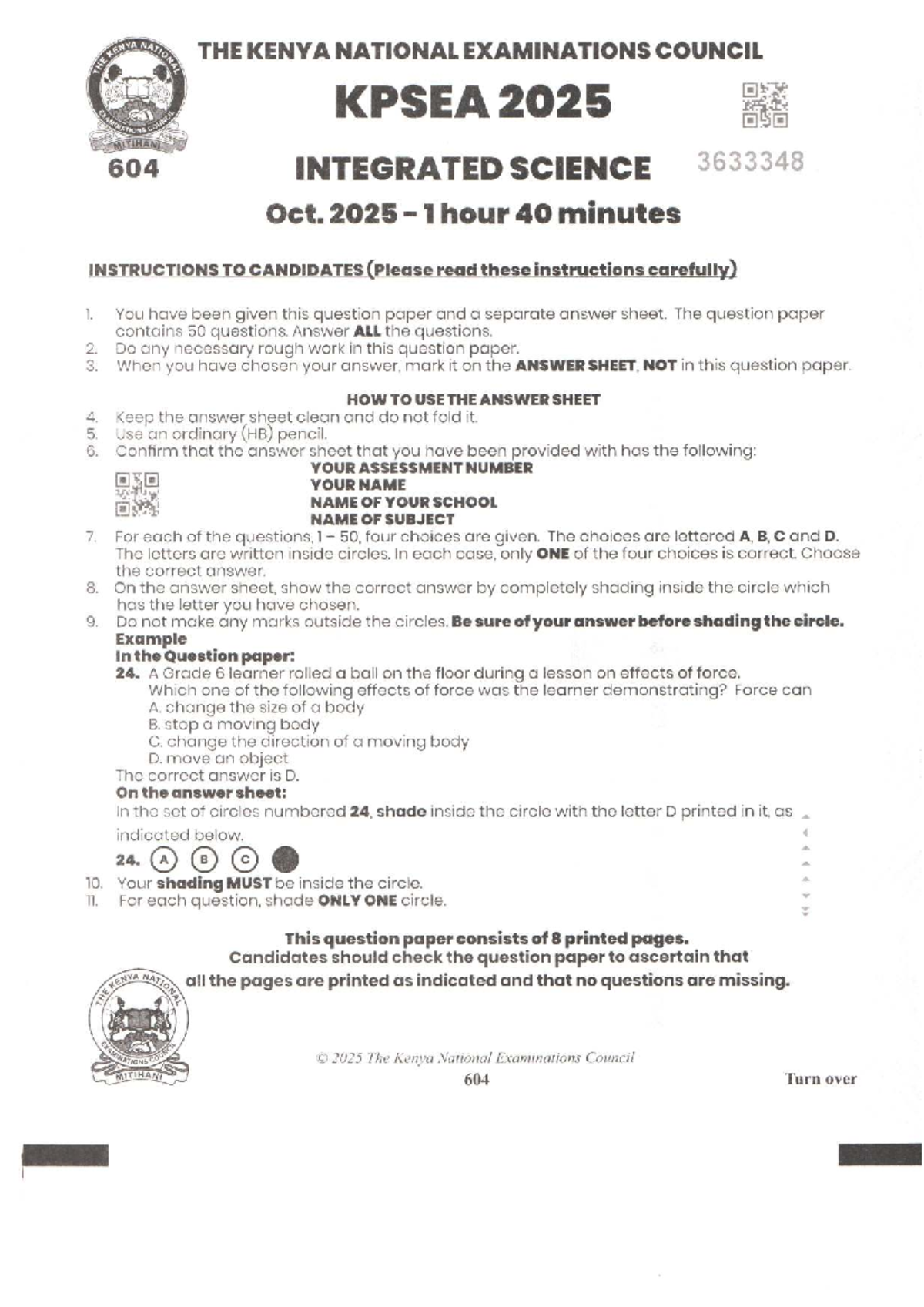 Kenya Primary School Education Assessment (KPSEA) 2025 Integrated ...