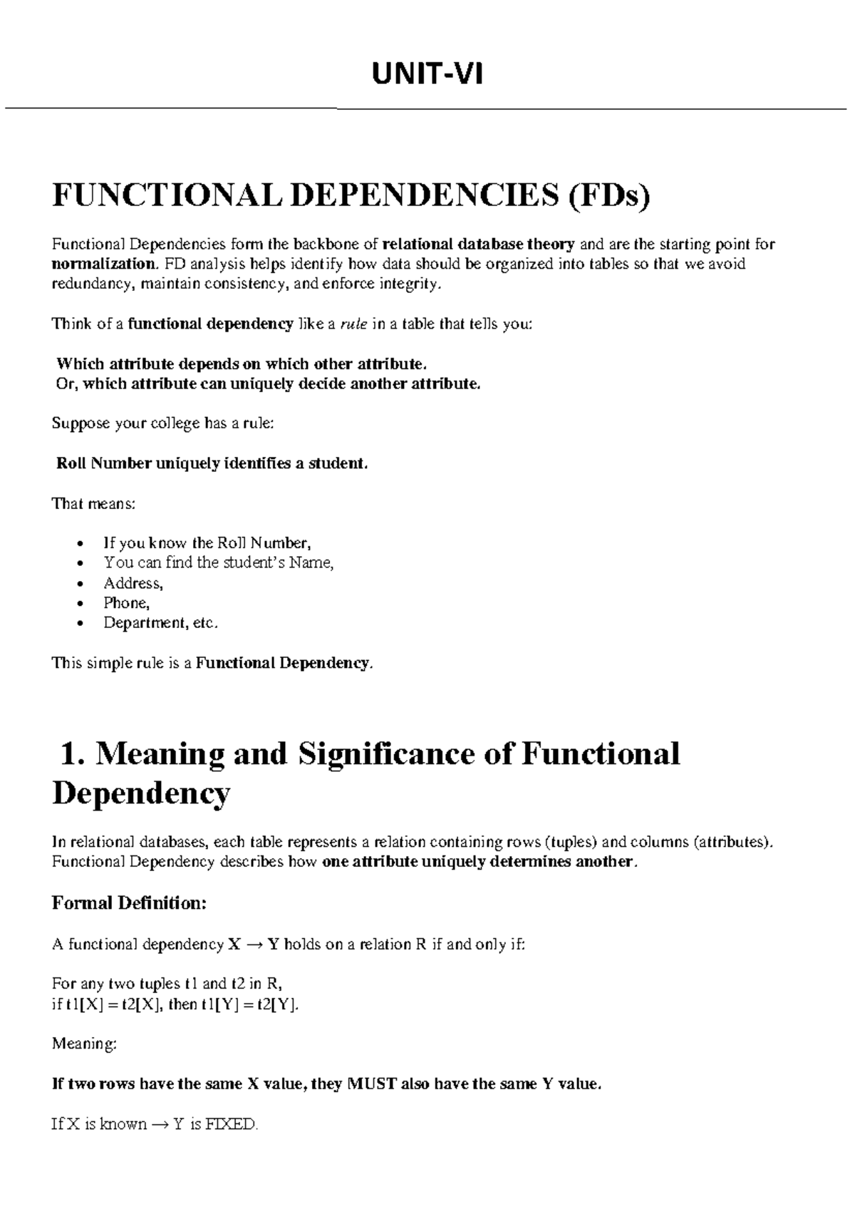 DBMS UNIT-VI: Functional Dependencies and Normalization Concepts - Studocu