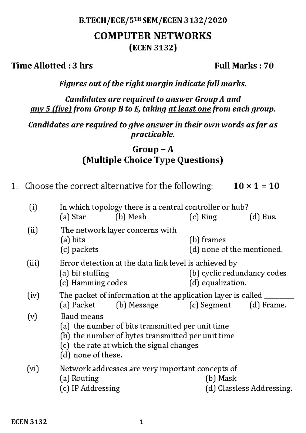 Computer Networks Midterm Exam (ECEN 3132) Question Paper - Studocu