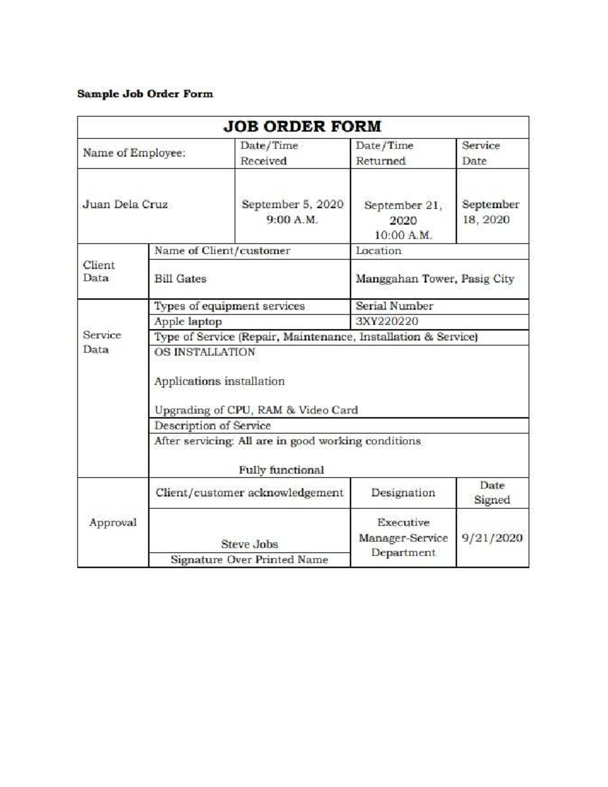 Job Order Form for Service - Employee: Juan Dela Cruz - Studocu