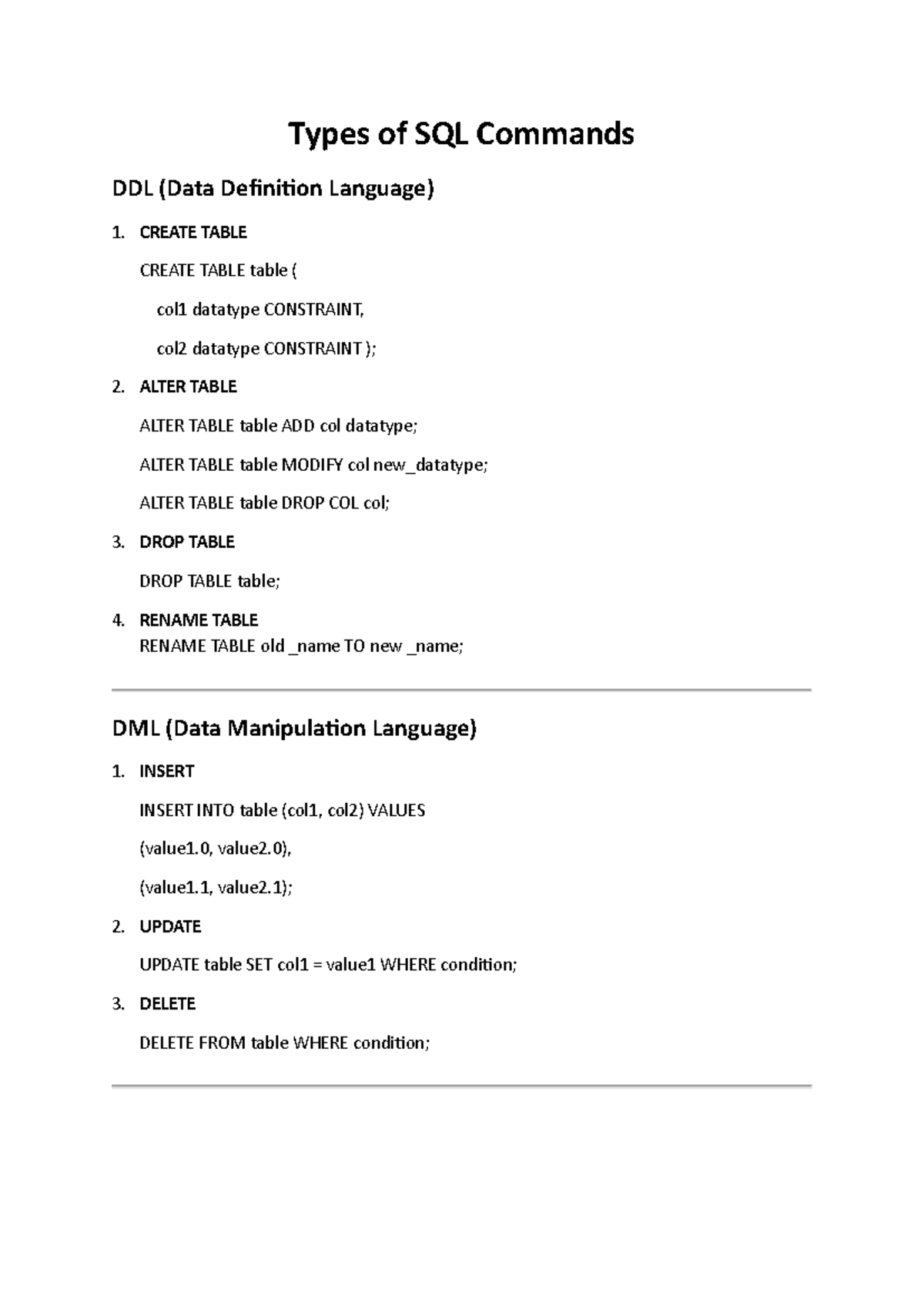 SQL Syntax Overview: Types of SQL Commands and Queries - Studocu