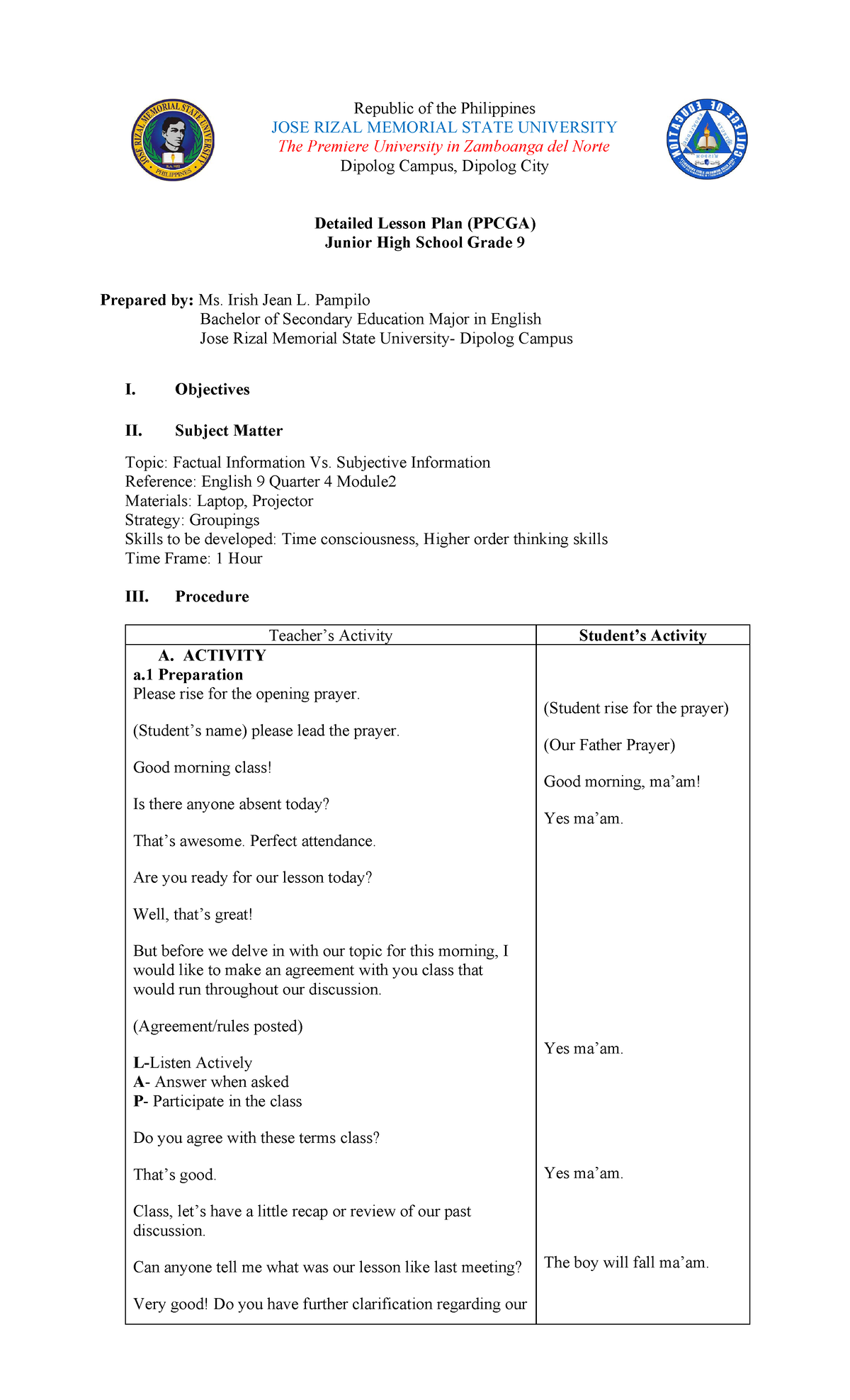 Factual vs. Subjective Info. ( Eng 9 Final Lesson Plan) - Studocu