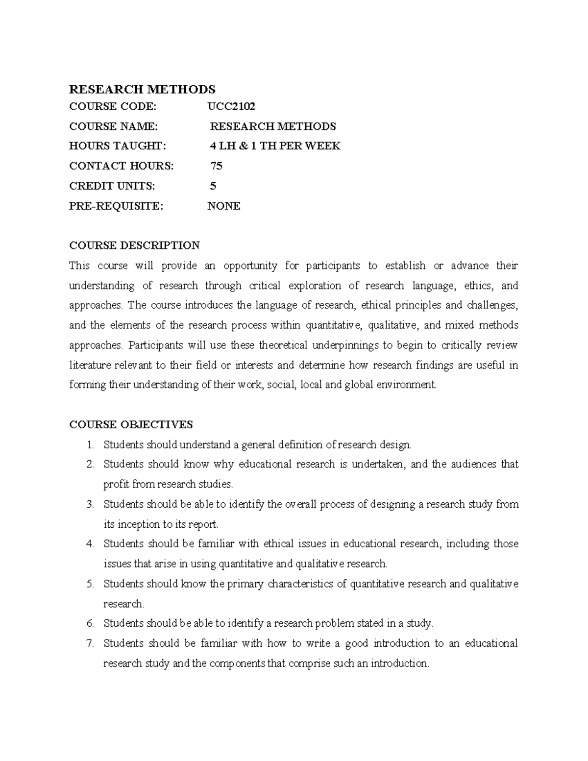 UCC Research Methods Course Content Overview and Objectives - Studocu