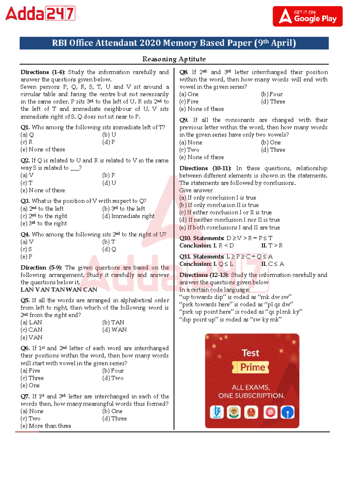 RBI Office Attendant 2020 Memory Based Paper (9th April) Solutions ...