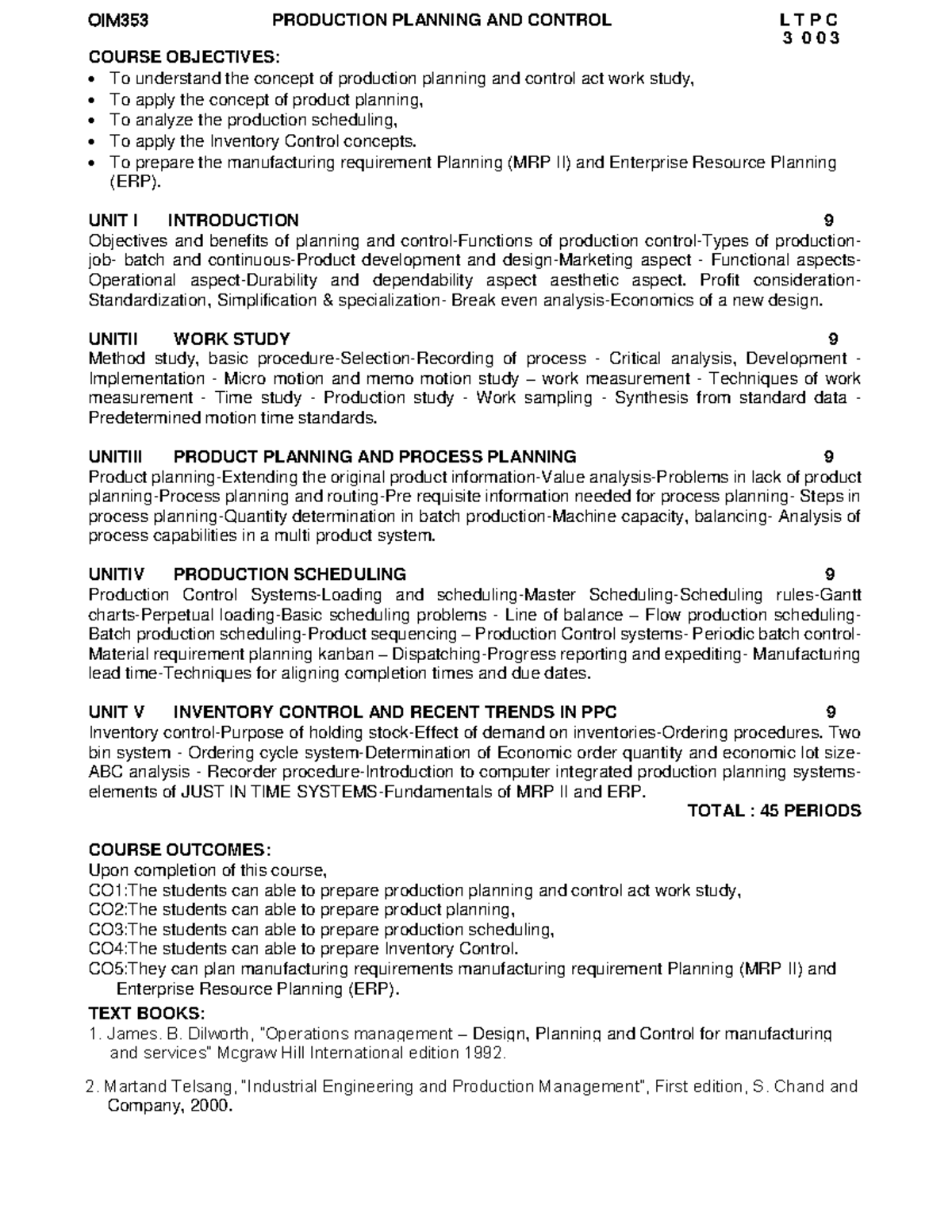 OIM353 Production Planning and Control Course Overview and Objectives ...