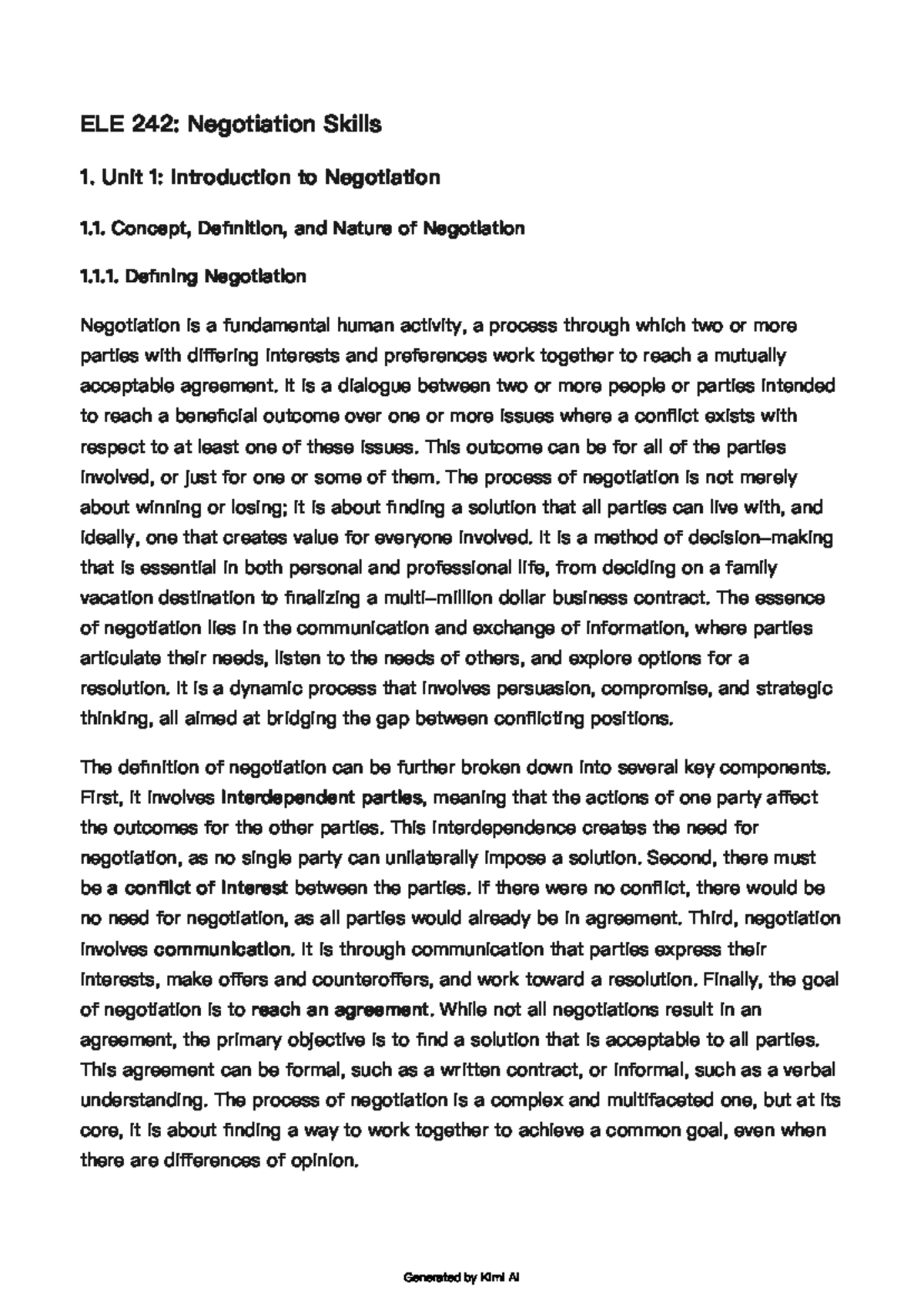 ELE 242: Negotiation Skills - Unit 1 Overview and Key Concepts - Studocu