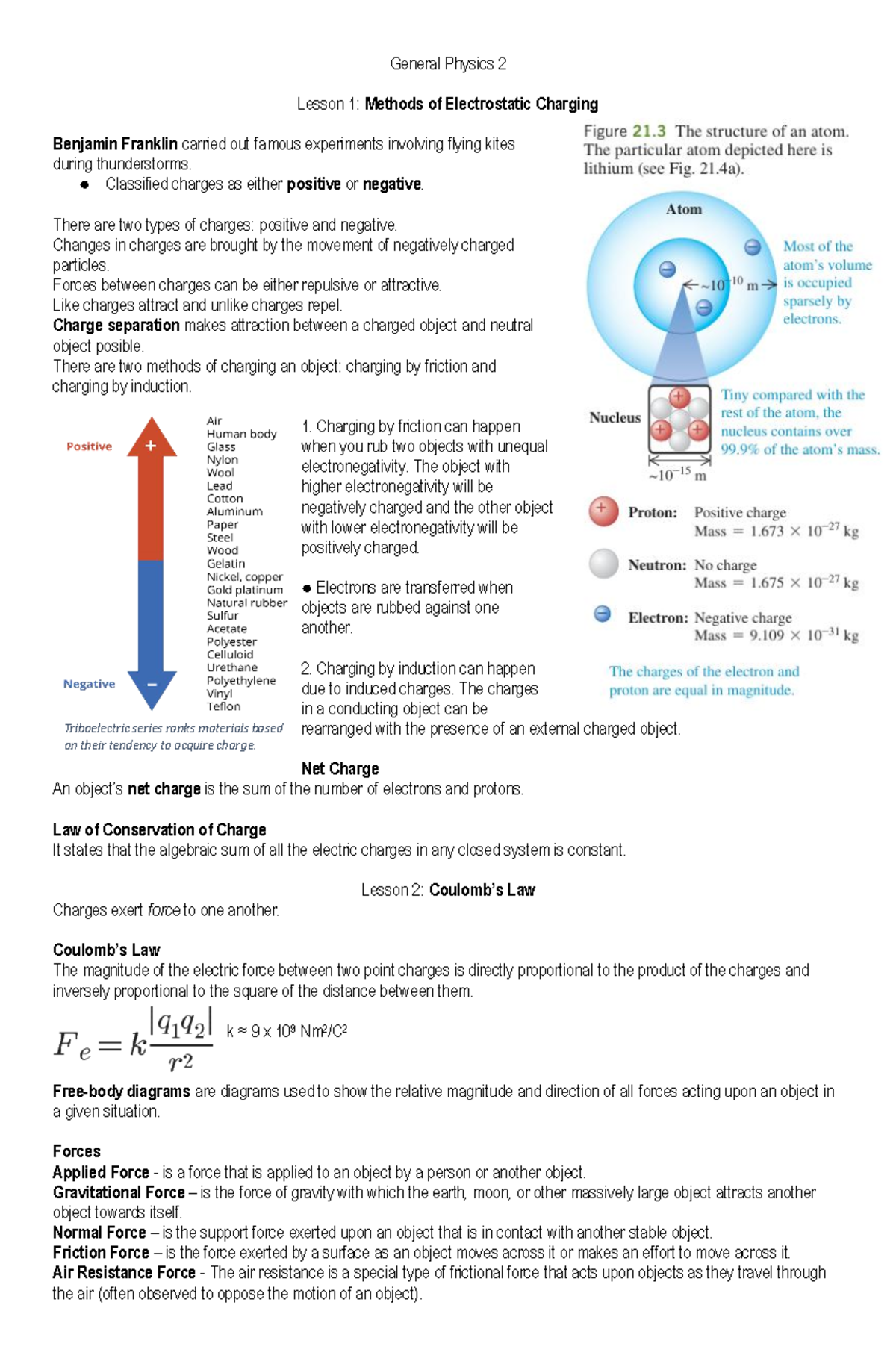 PHY2 Q3 Exam Reviewer: Electrostatic Charging & Forces Summary - Studocu