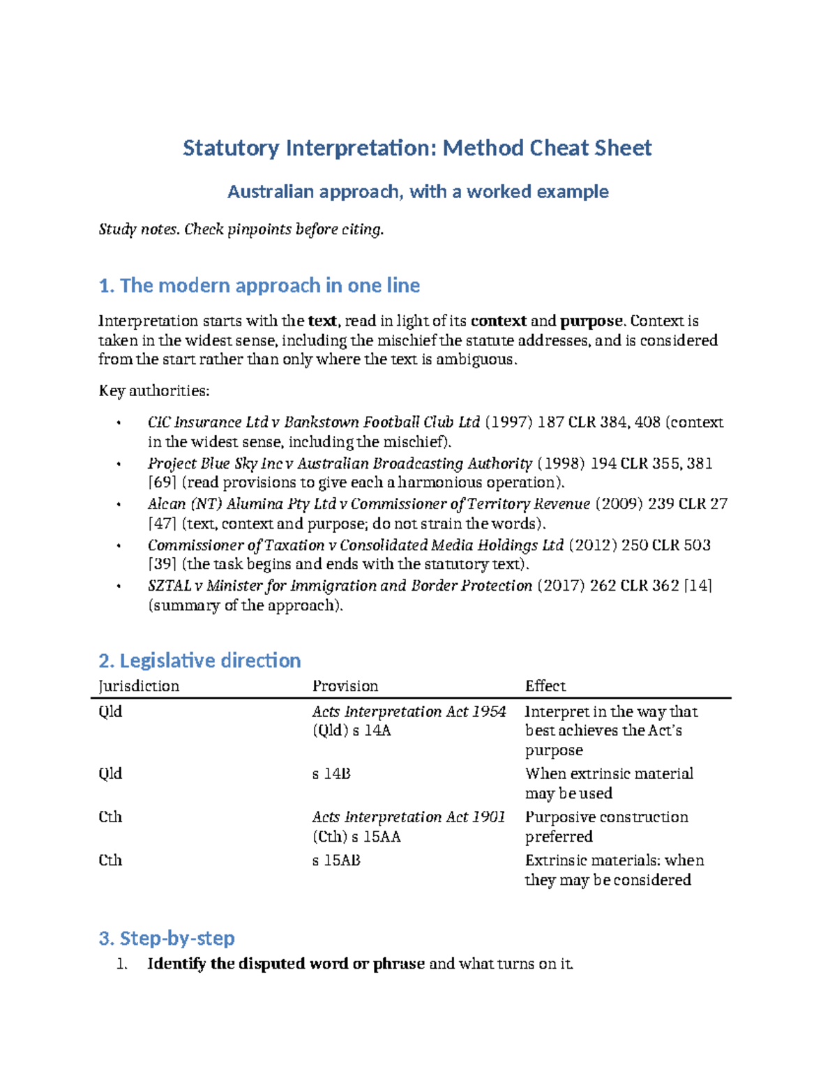 Statutory Interpretation Method Cheat Sheet: Australian Approach Study ...
