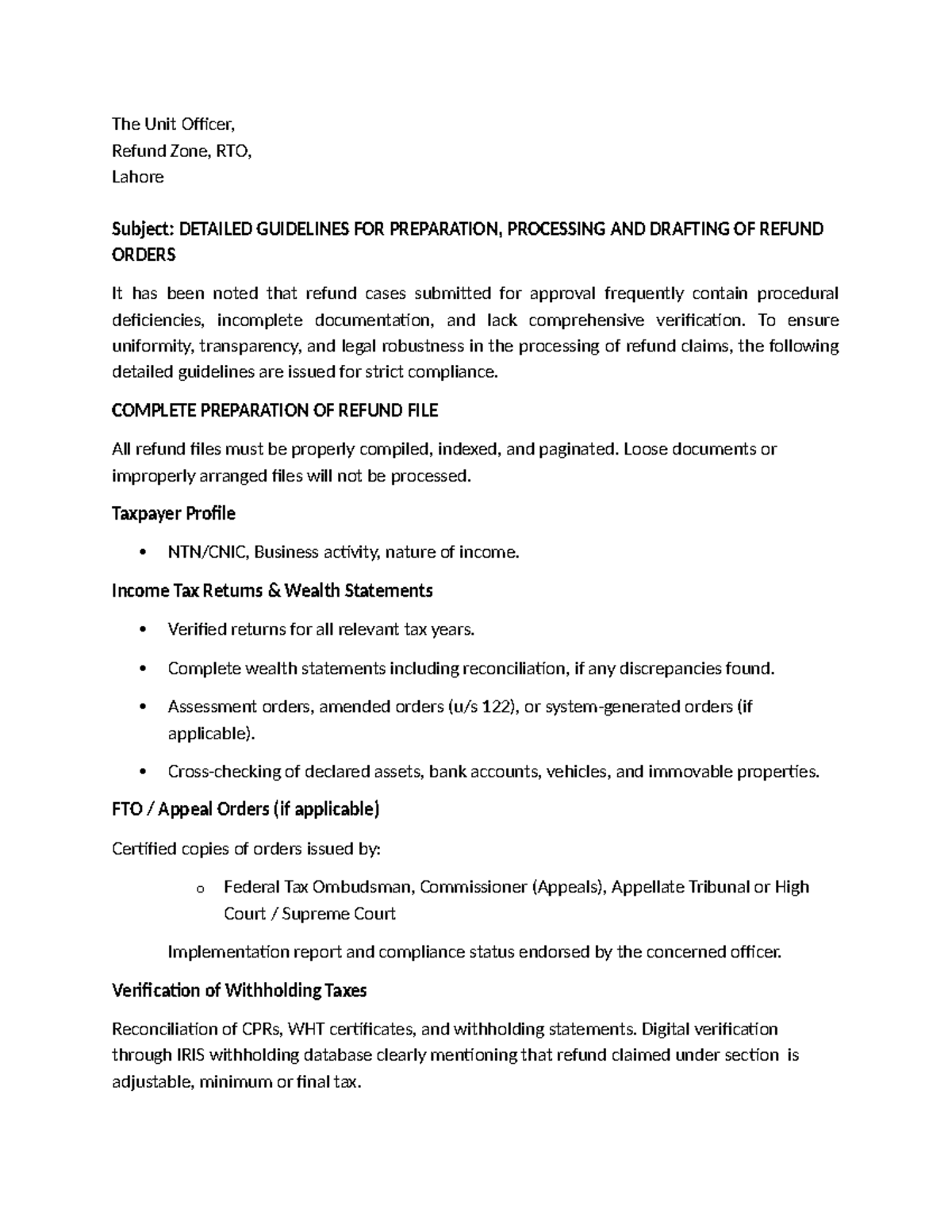 Guidelines for Processing Refund Orders - RTO Lahore - Studocu