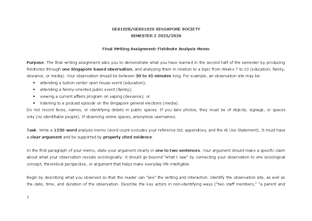 SINGAPORE SOCIETY SEM2 Final Writing Assignment: Fieldnote Analysis ...