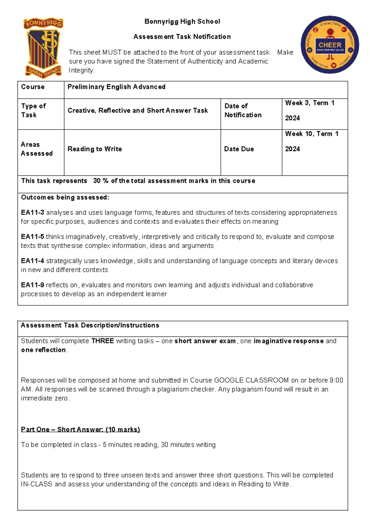 Assessment Task 1 - Advanced Reading to Write Notification - Bonnyrigg ...