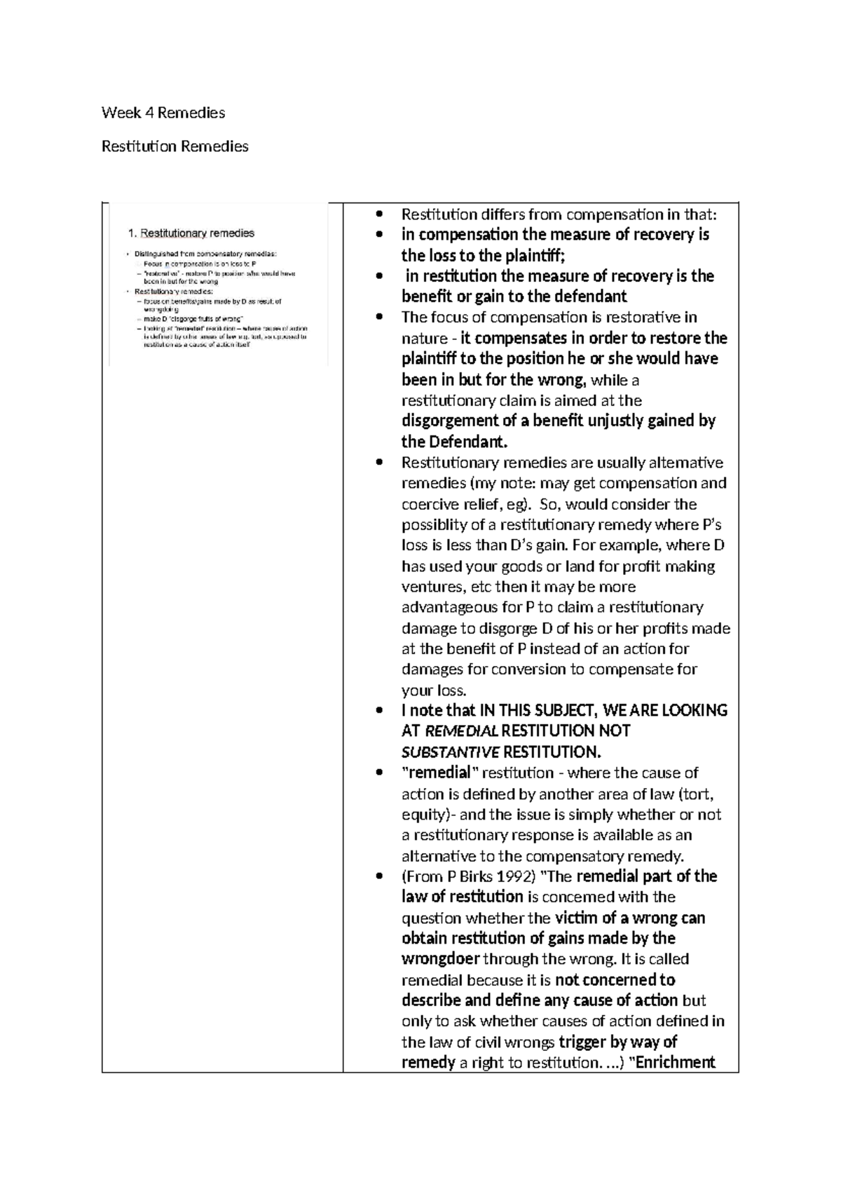 Week 4 Remedies - Restitution vs. Compensation Lecture Notes - Studocu