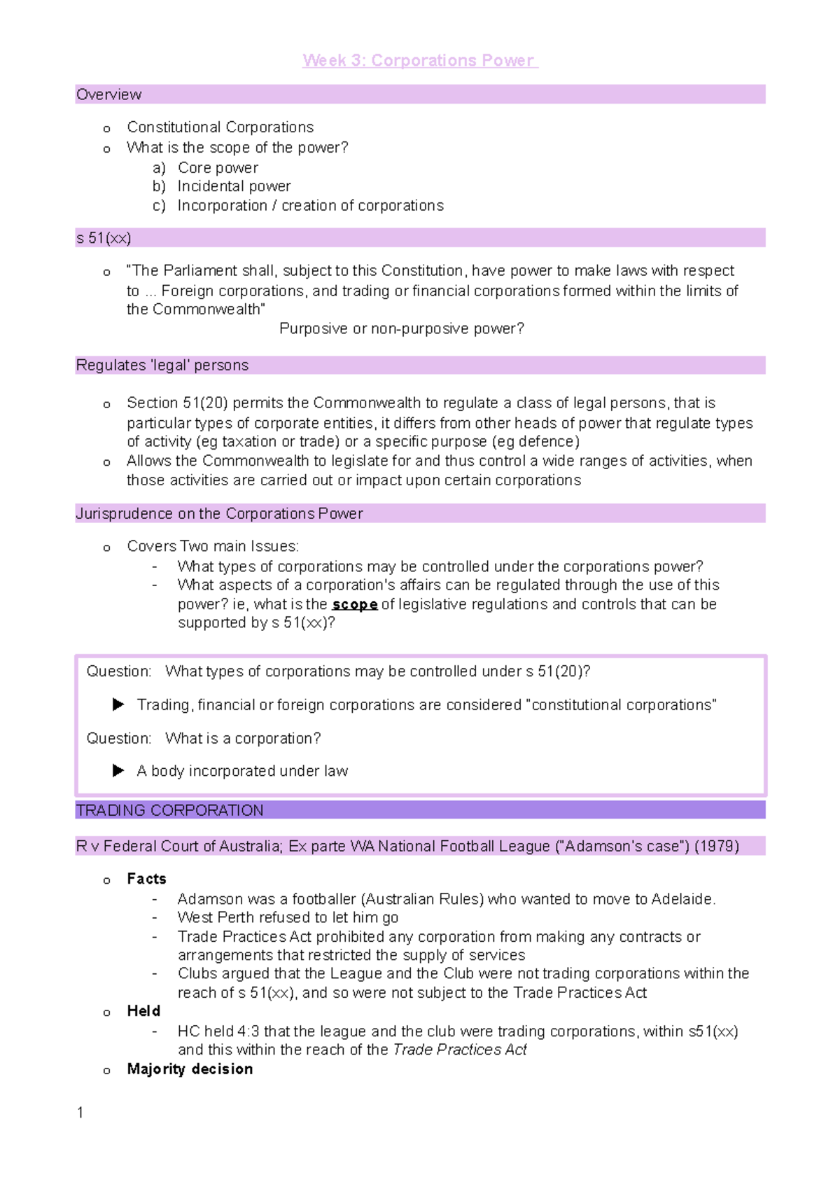 Week 3 - Lecture notes - Week 3: Corporations Power Overview o ...
