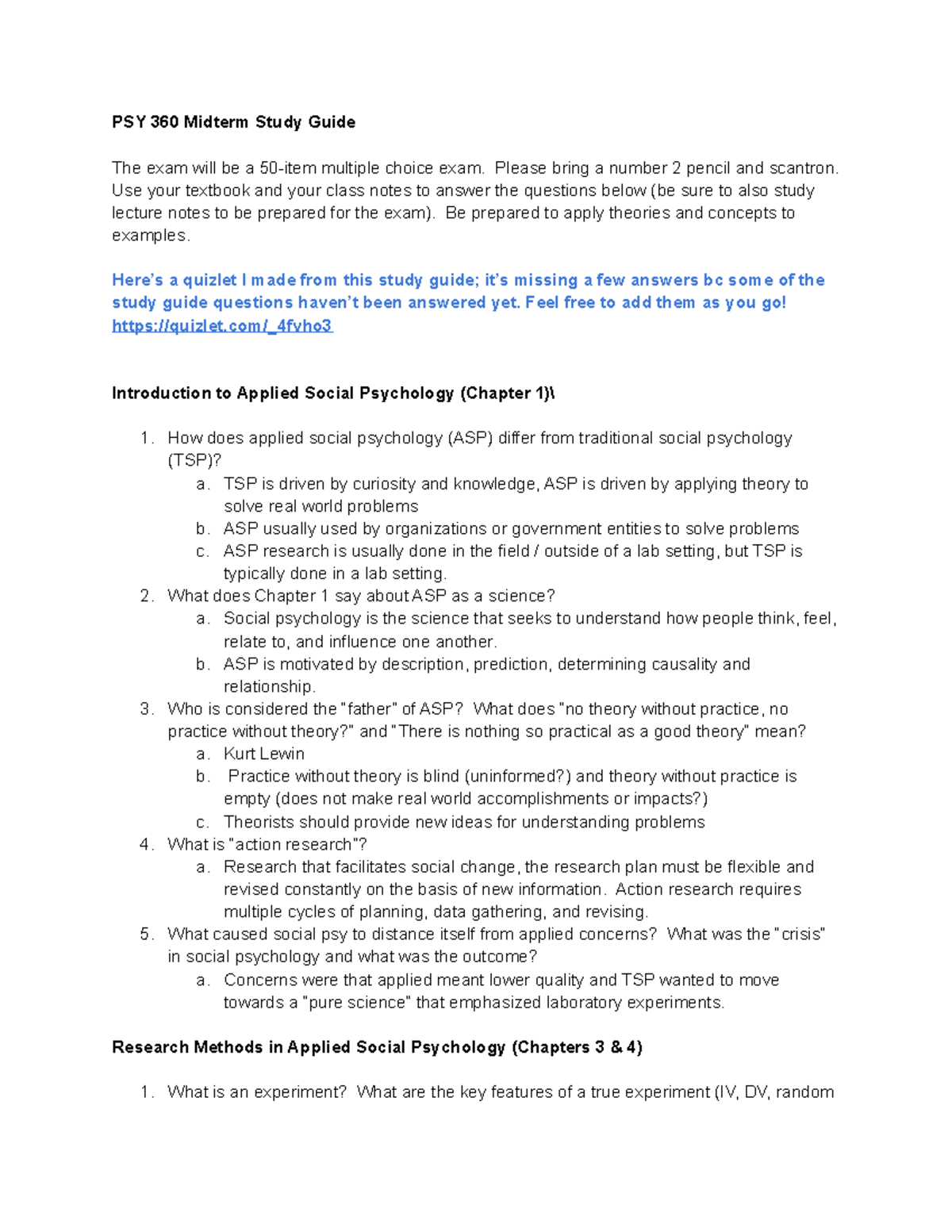 PSY 360 Midterm Study Guide for Exam 1: Key Concepts and Theories - Studocu