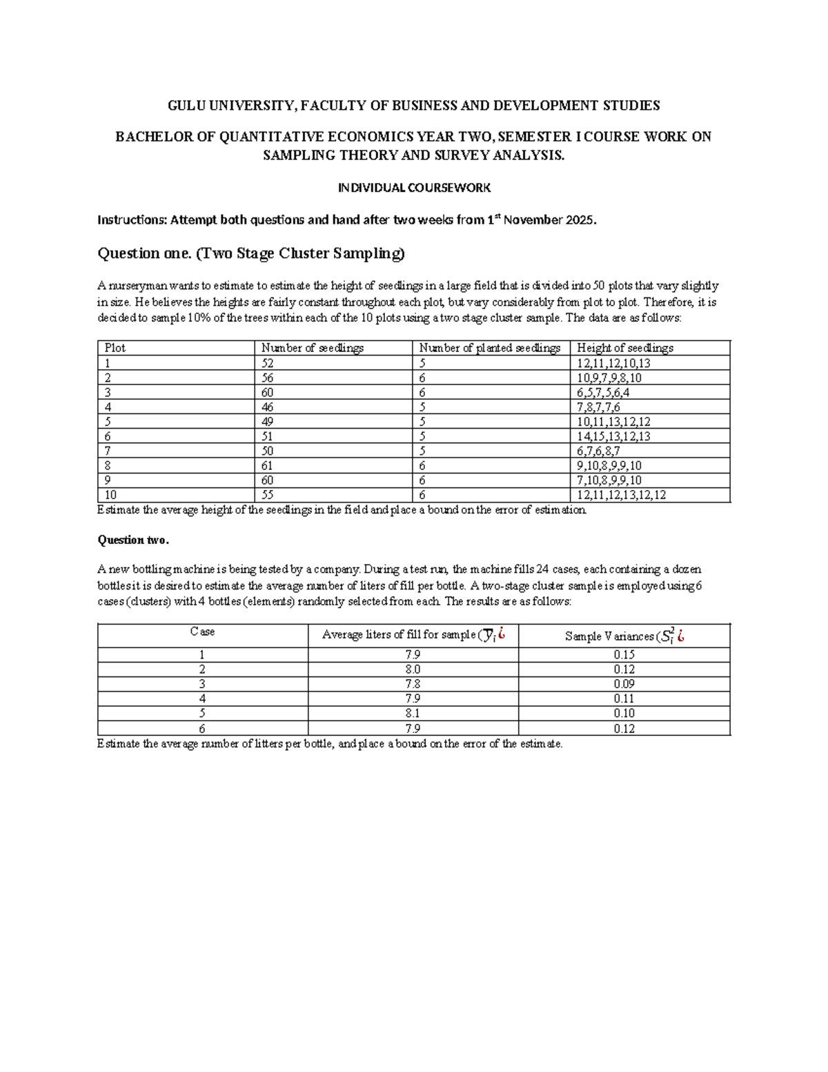 Sampling Theory Coursework - GULU University BQE Year 2 Sem I - Studocu