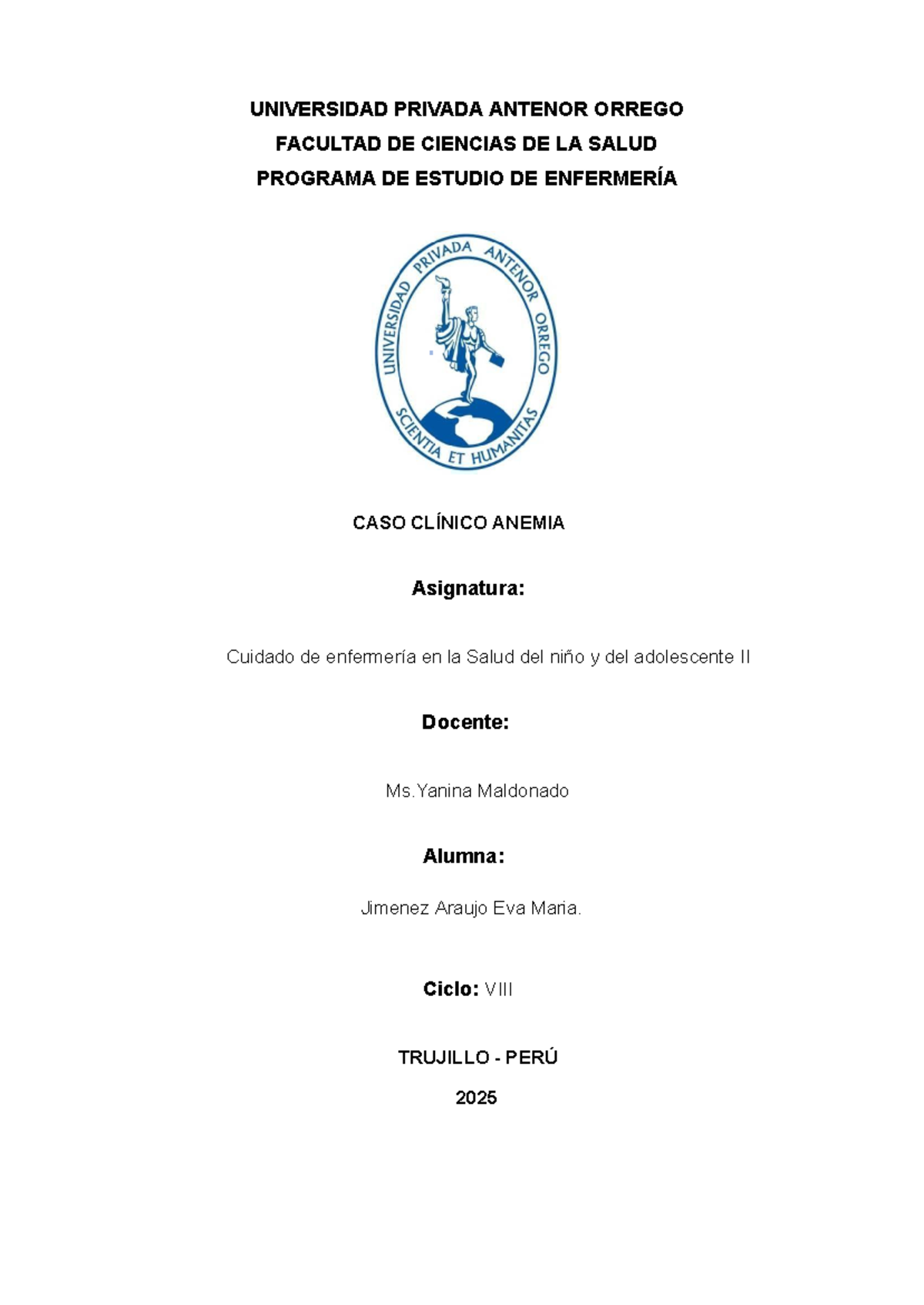 Caso Clínico de Anemia en Paciente Infantil - Enfermería Cuidado II (2025) - Document Preview