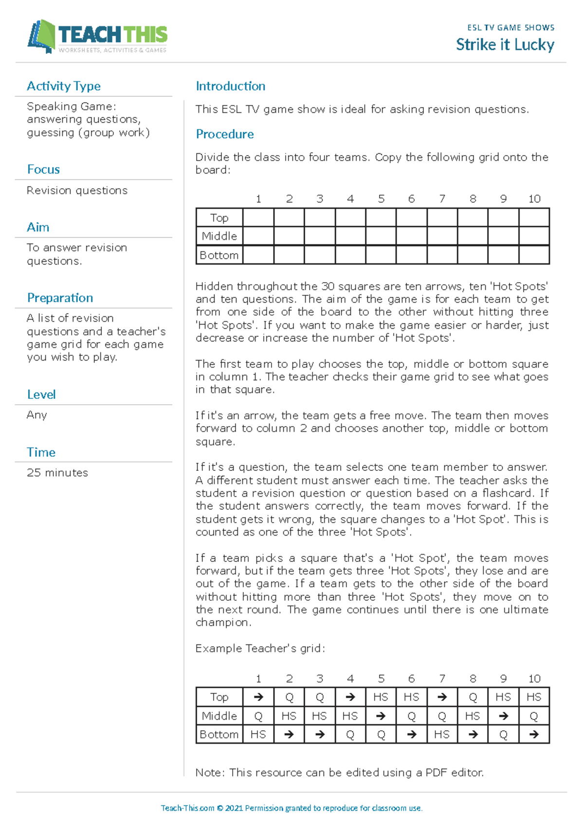 ESL 101: Strike it Lucky Game Show Worksheets & Activities - Studocu