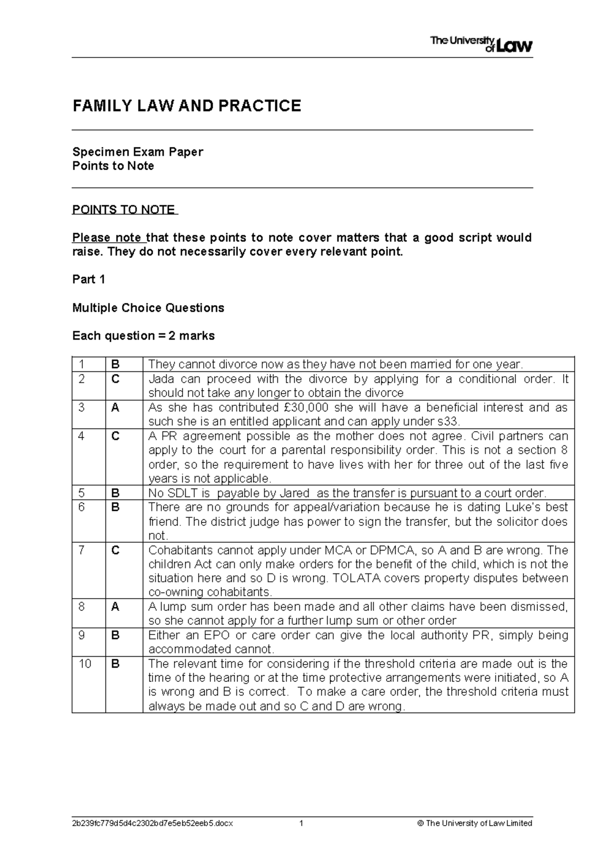 FAMILY LAW AND PRACTICE FLP Specimen Exam Paper Answers Studocu