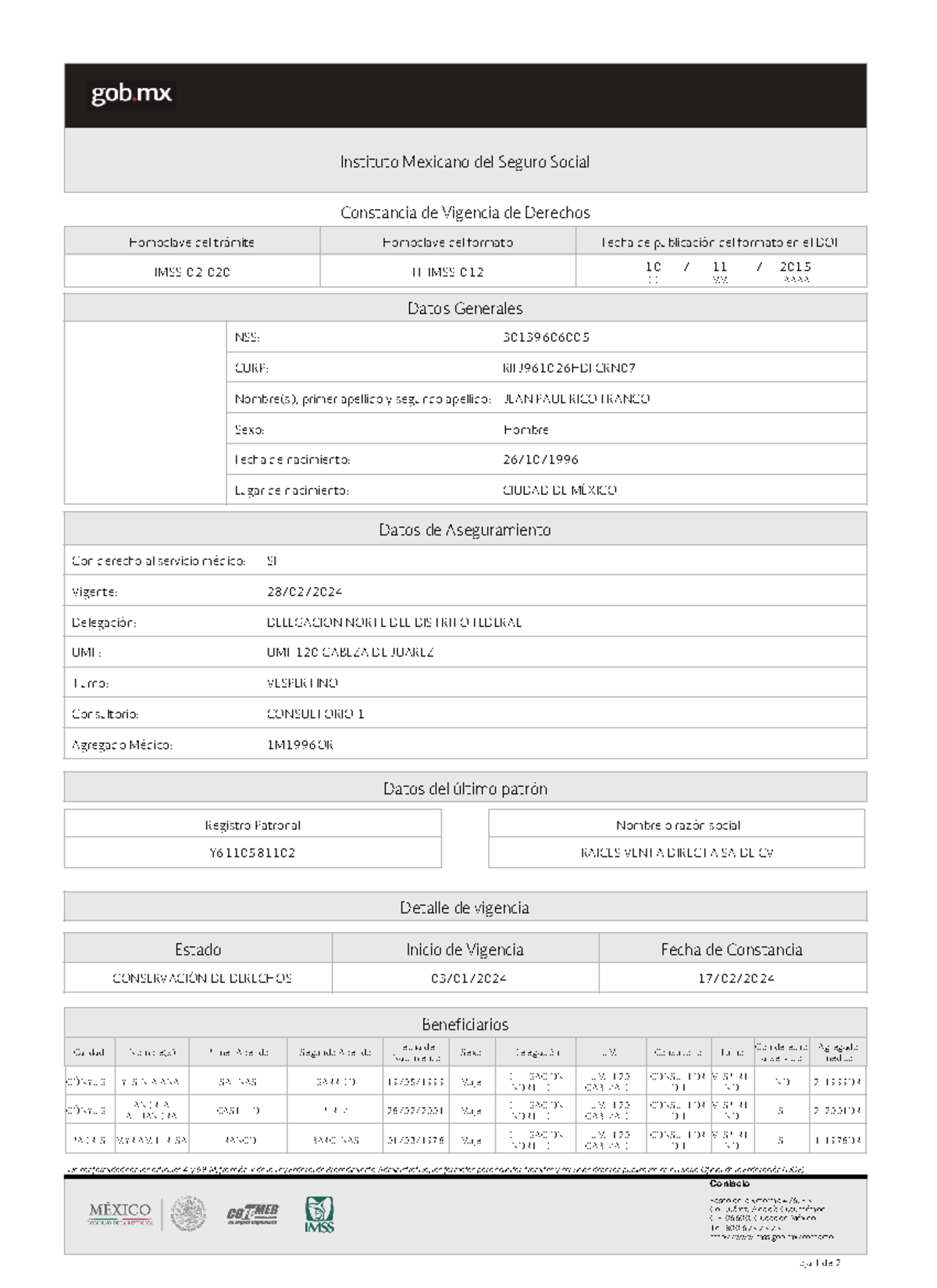 Constancia de Vigencia de Derechos IMSS - Formato Actualizado - Document Preview