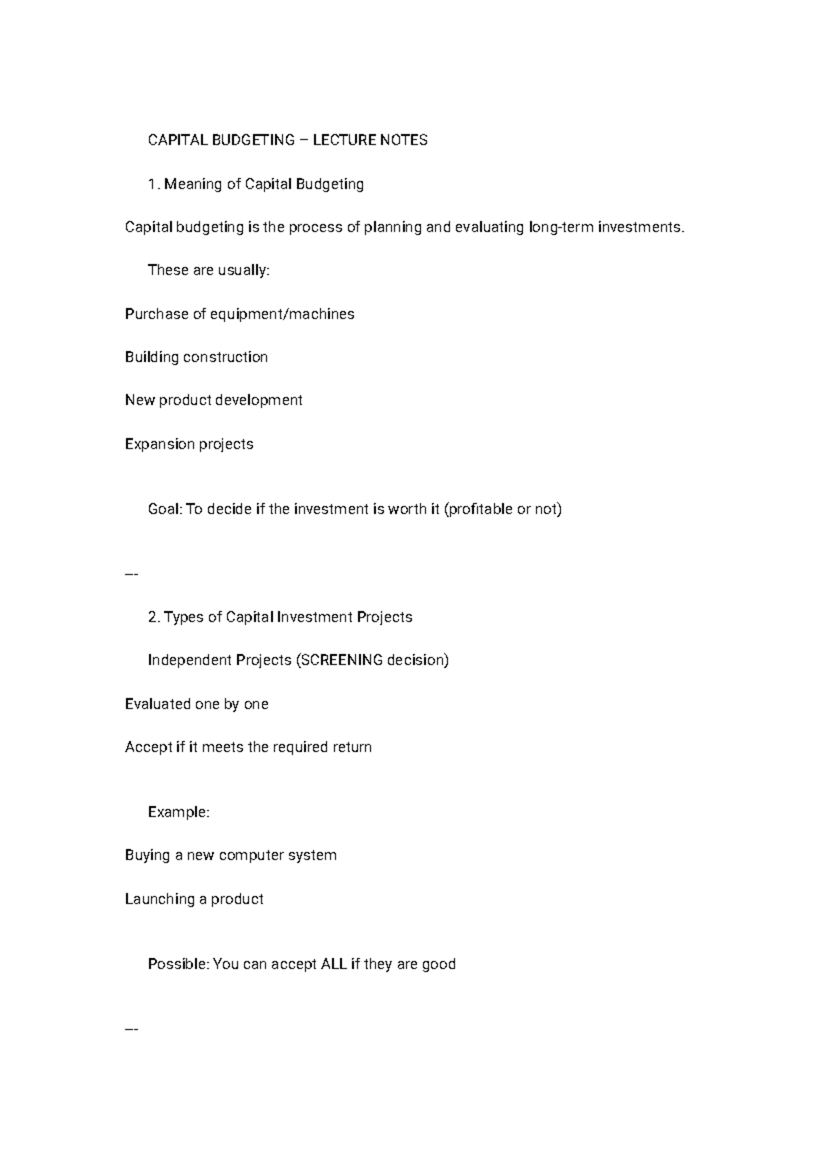 CAPITAL BUDGETING LECTURE NOTES (CAP 101) - Quick Review - Studocu