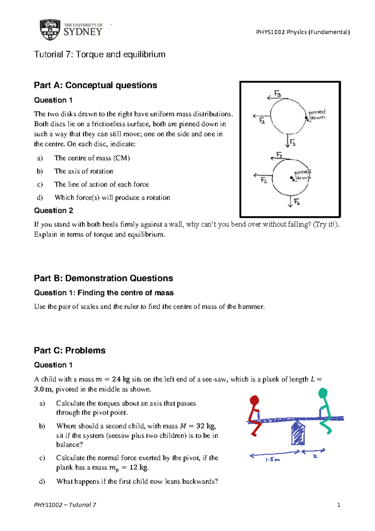 PHYS1002 Physics (Fundamental) Tutorial 7: Torque & Equilibrium ...