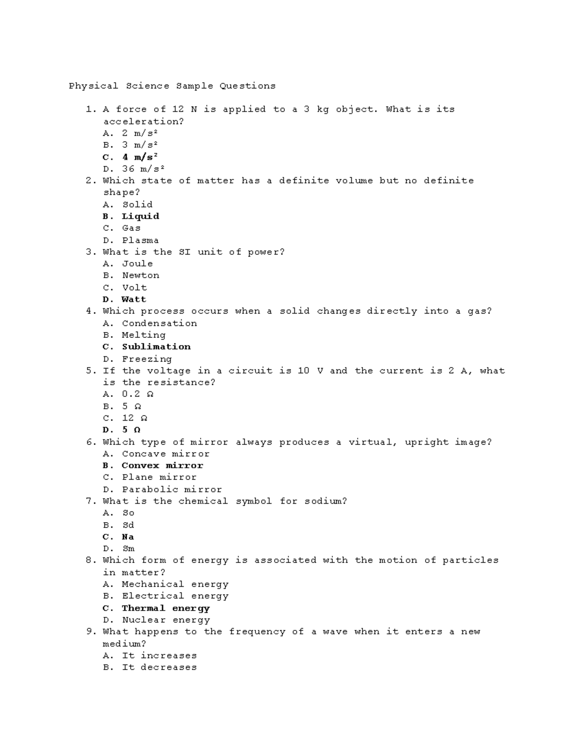 Physical Science Sample Questions (PS101) - Studocu