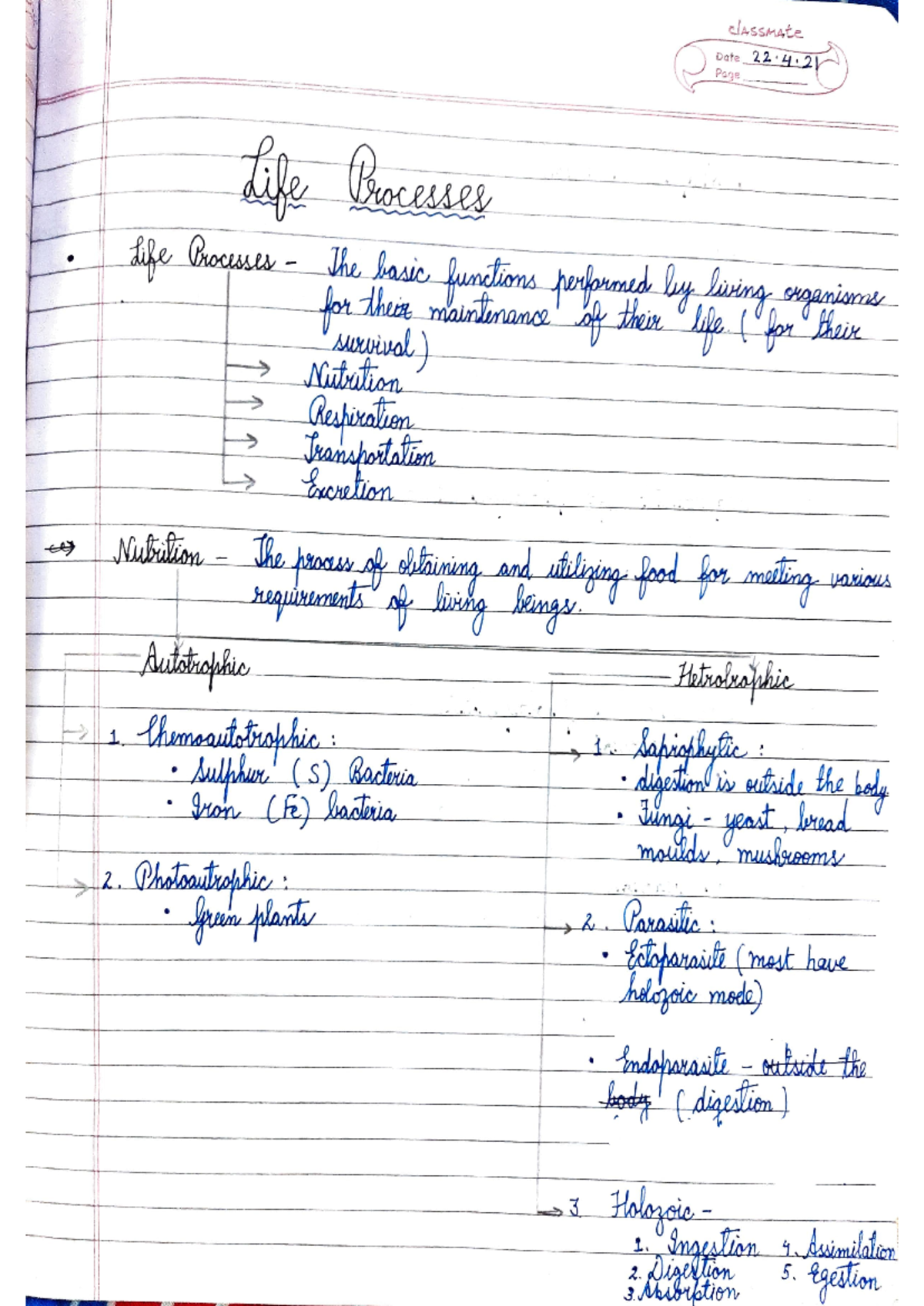 Life Processess Notes - classmate Date 22.4 Page Life Processes Life ...