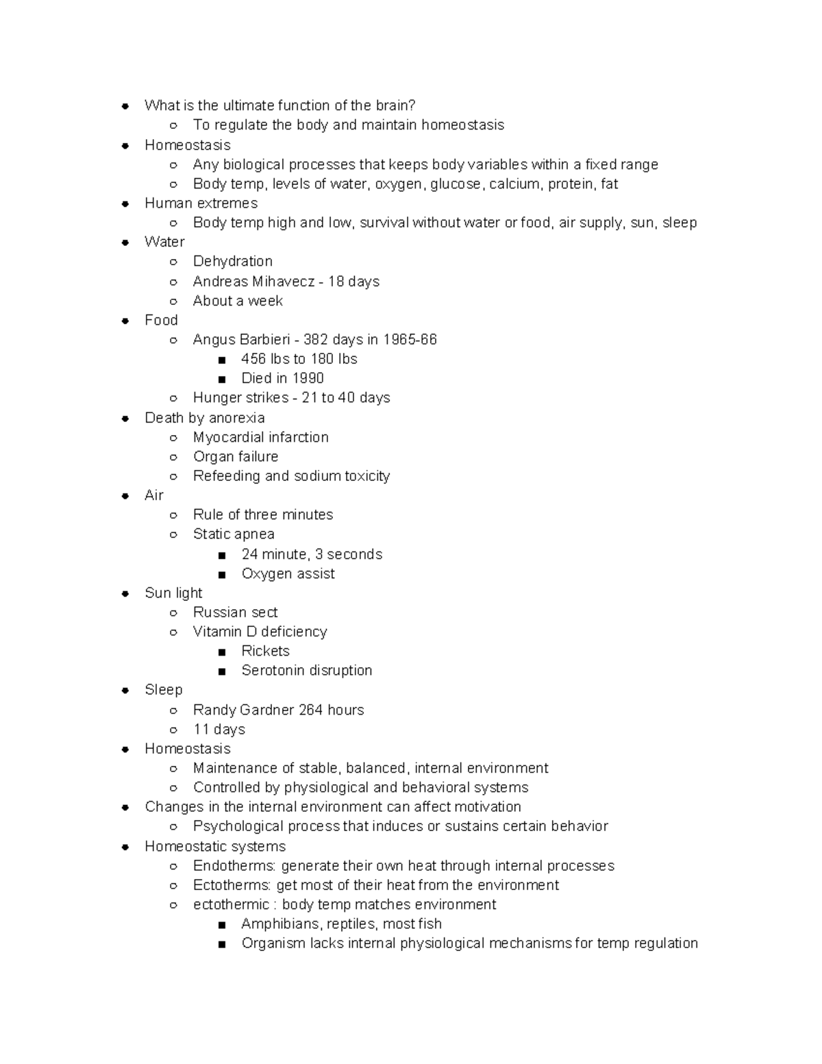Week 8 Monday Lecture Notes: Brain Function & Homeostasis Overview ...