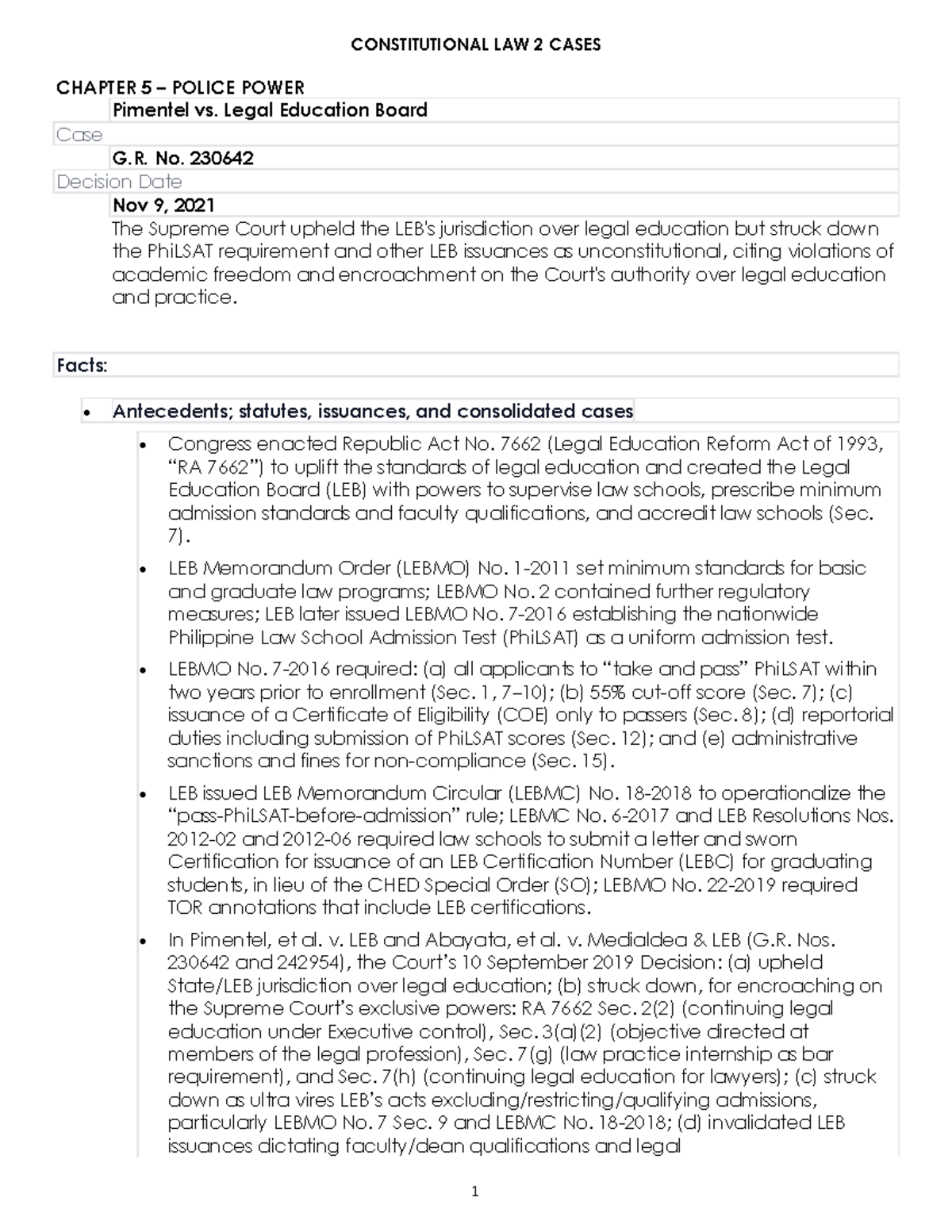 CONSTITUTIONAL LAW 2 CASES CHAPTER 5: POLICE POWER & KEY DECISIONS ...