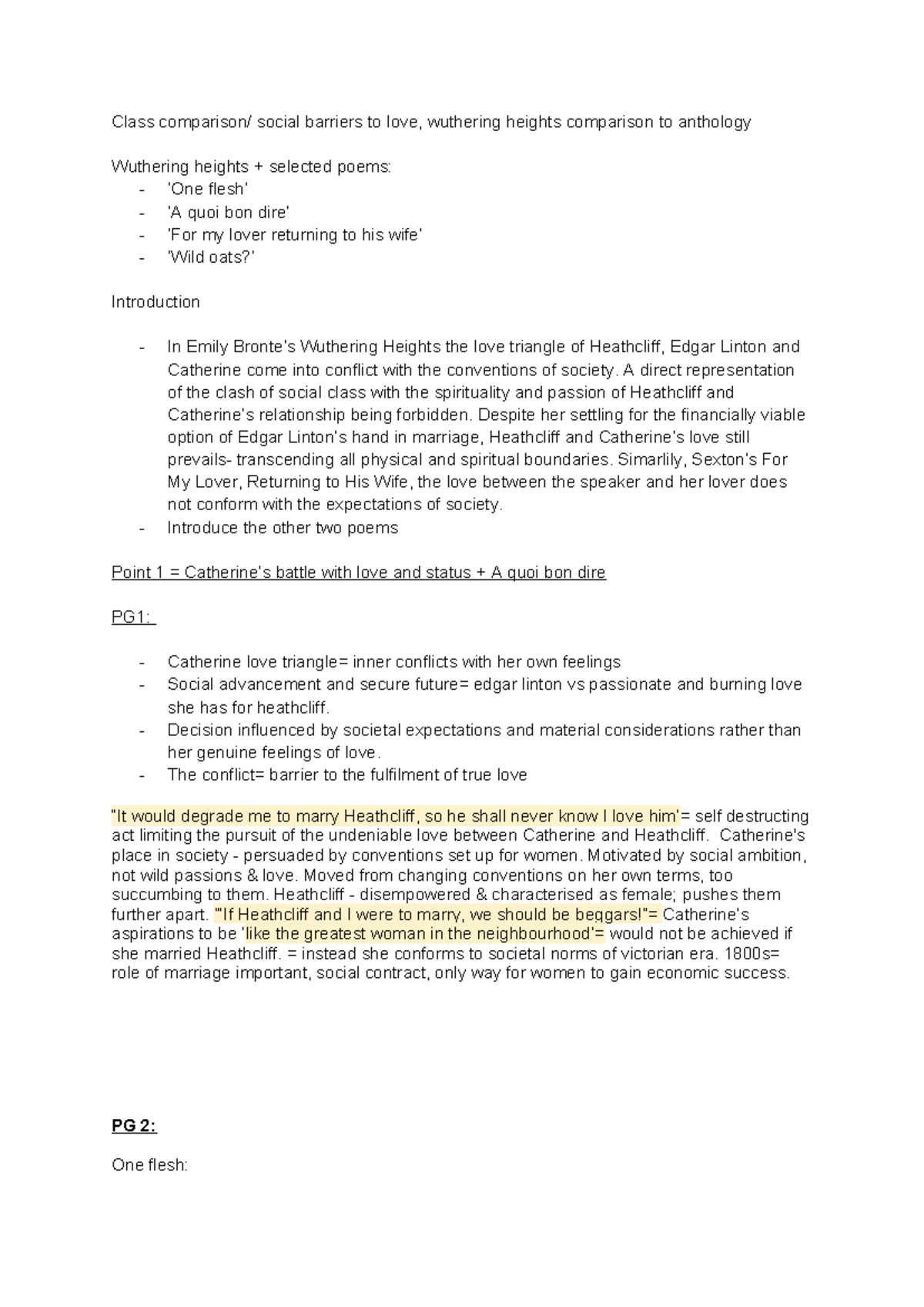 Wuthering Heights & Poetry: Class Divides in Love - Essay Plan - Studocu