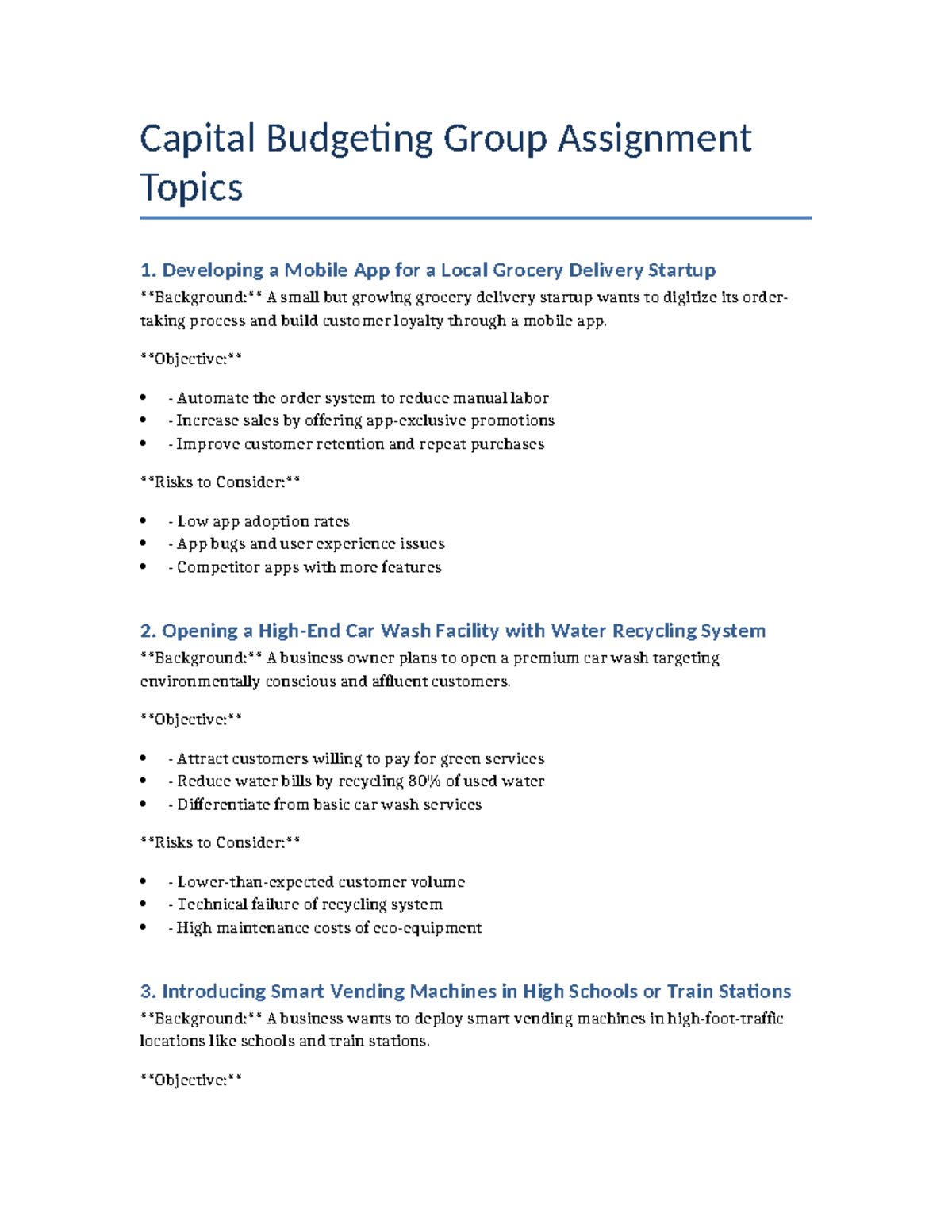 Capital Budgeting Group Assignment: Startup Project Ideas - Studocu