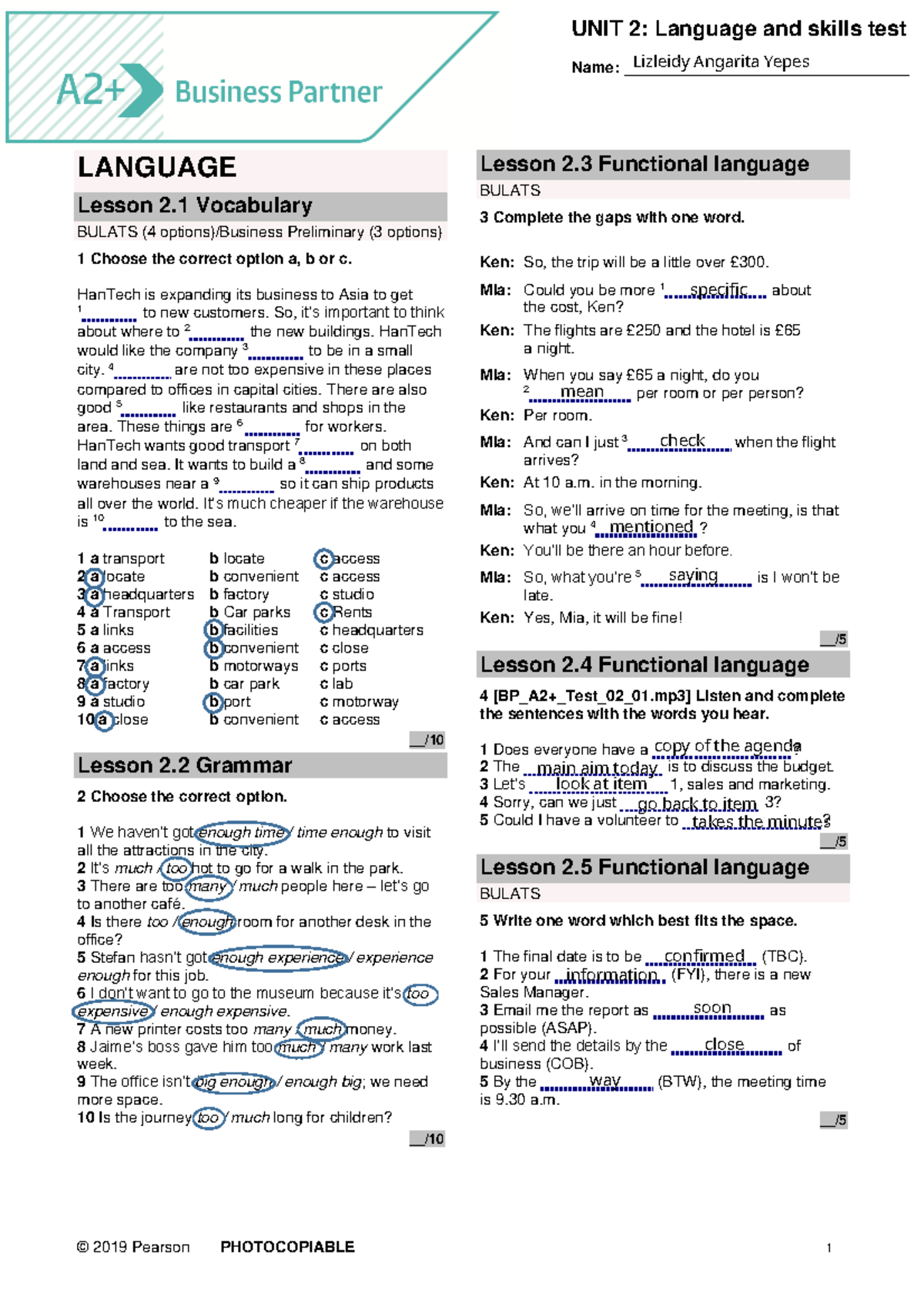 BP A2P Unit 2 Vocabulary & Grammar Practice by Lizleidy Angarita - Studocu