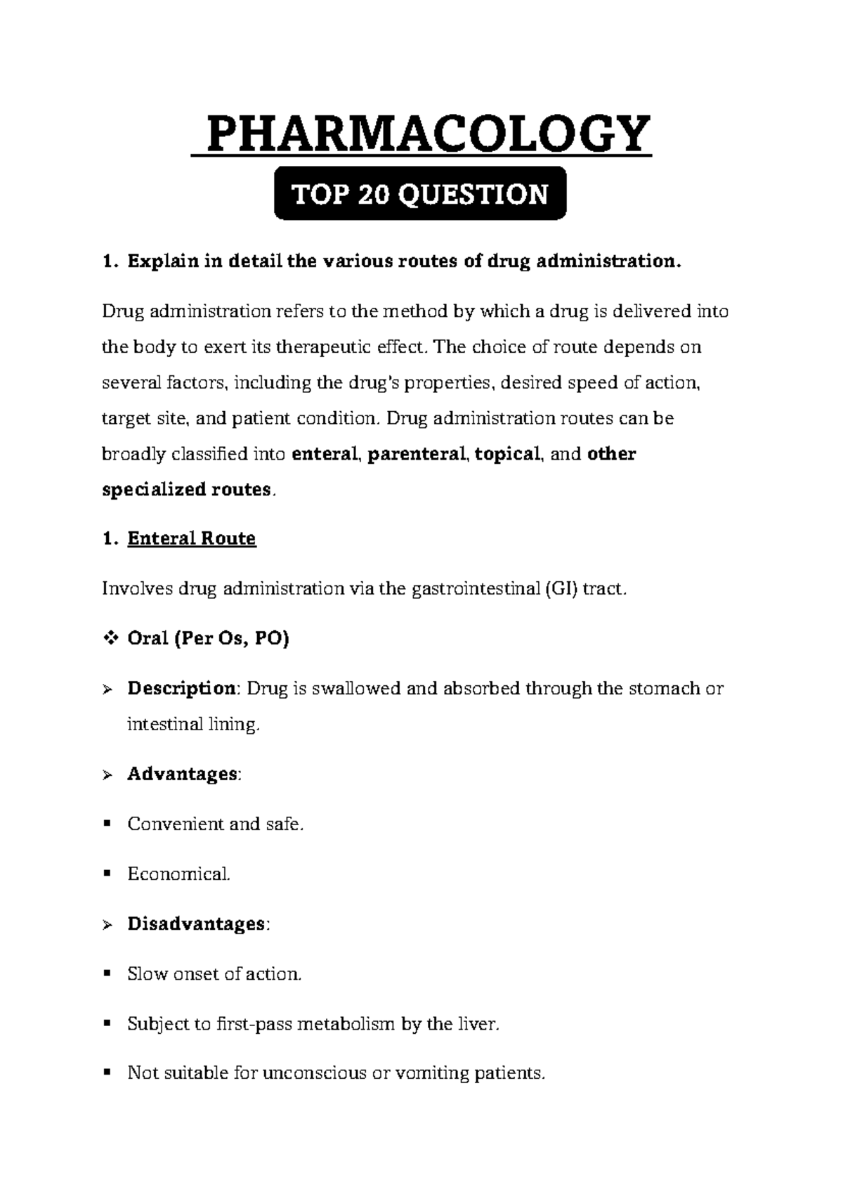 PHARMACOLOGY - TOP 20 QUESTIONS ON DRUG ADMINISTRATION ROUTES - Studocu