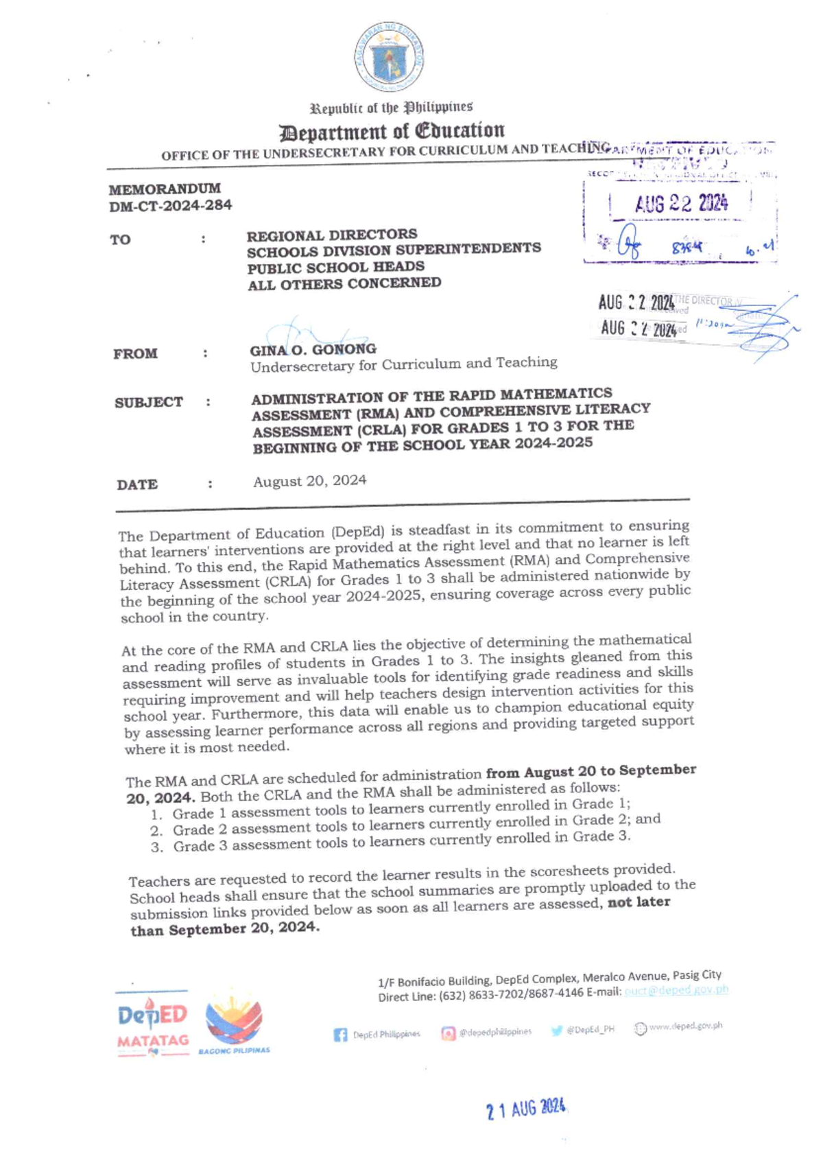 DepEd Memo DM CT 2024 284: Admin of RMA & CRLA for Grades 1-3 - Studocu