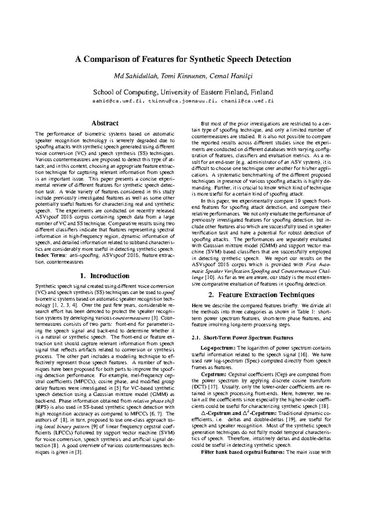 IS2015 Antispoofing Feature Comparison: A Study on Detection Techniques ...