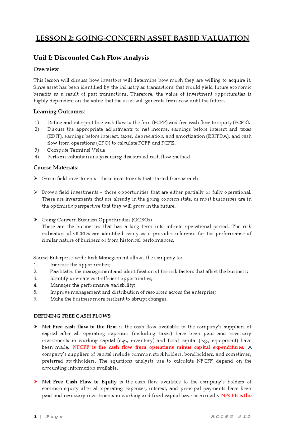 Lesson 2 Unit 1: DCF Analysis & Asset-Based Valuation Insights - Studocu