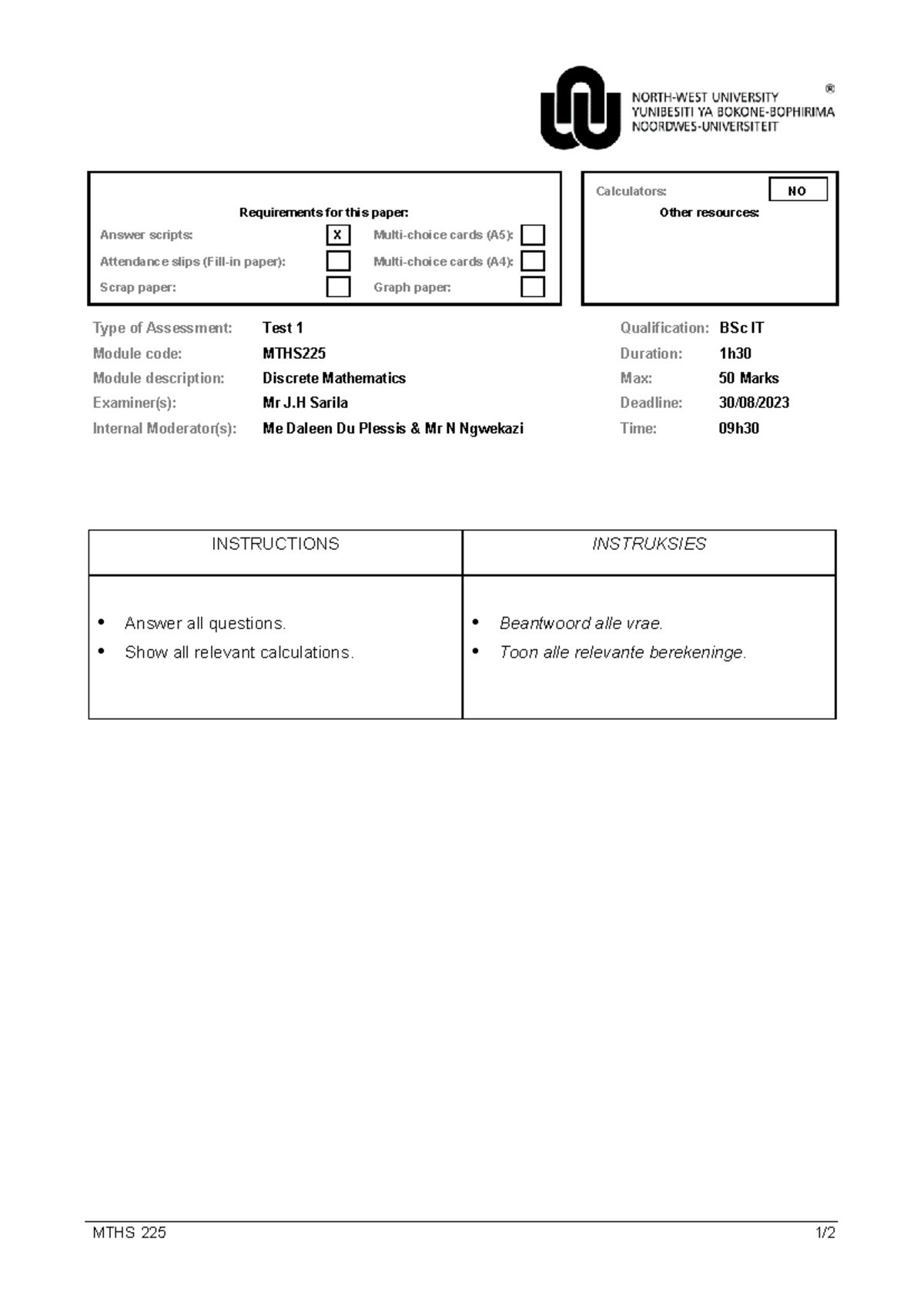 Test 1 Guidelines and Notes for MTHS 225 BSc IT 2023 - Studocu