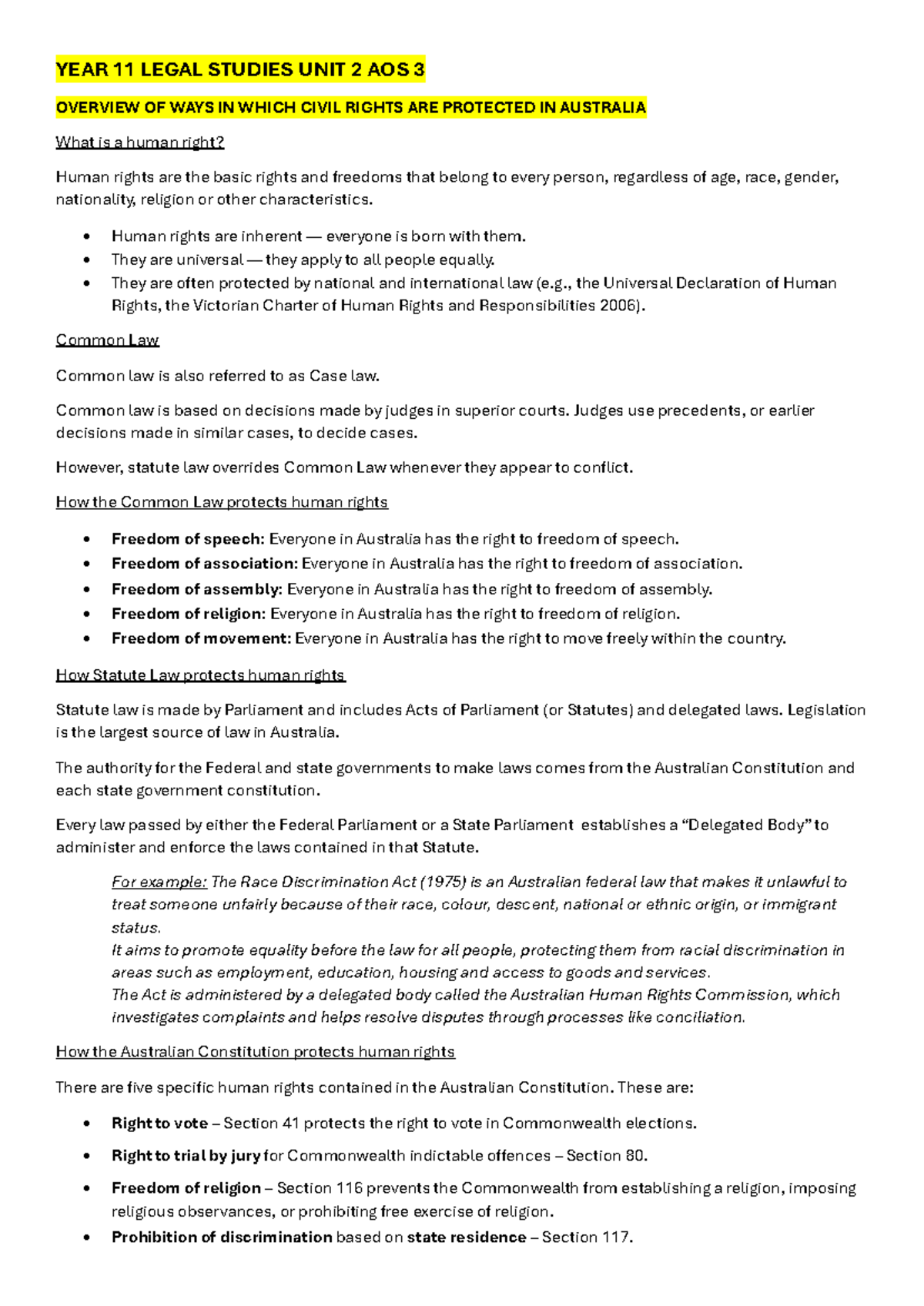 YEAR 11 Legal Studies UNIT 2 AOS 3 Civil Rights Protection Overview ...