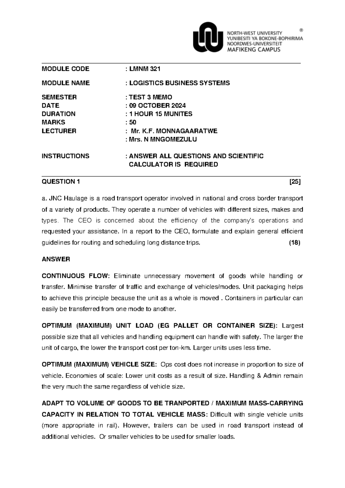 LMNM 321 Test 3 2024 - Logistics Business Systems Memo - Studocu