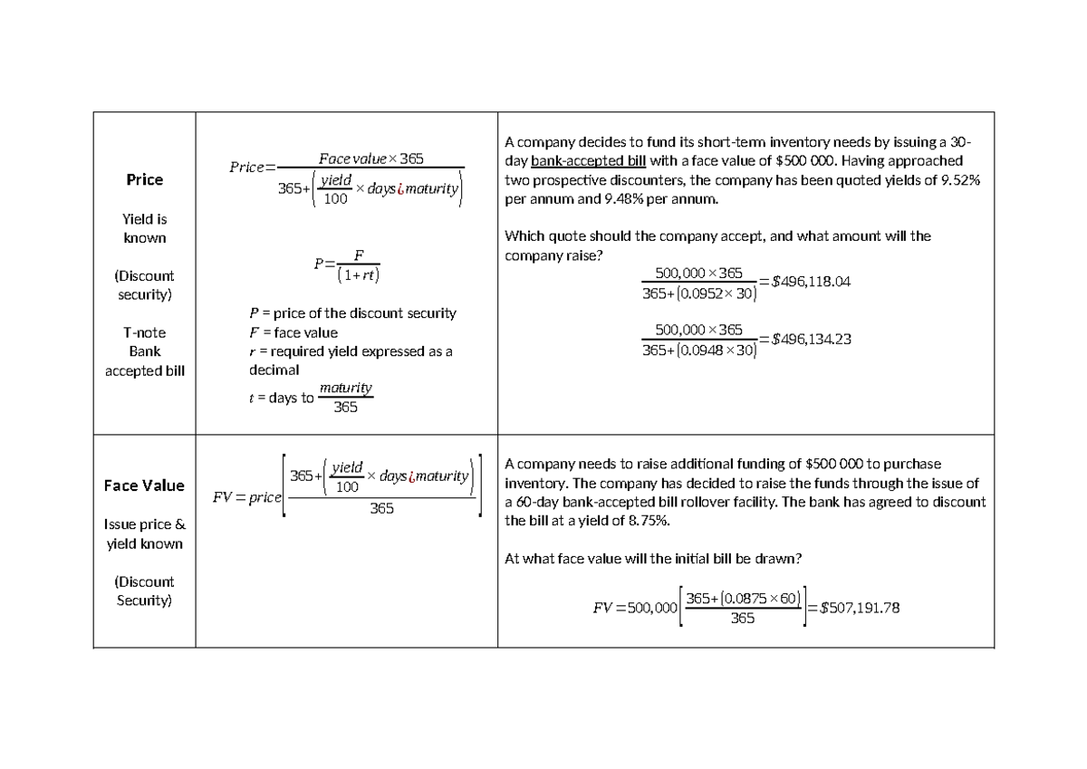 Bank-Accepted Bills Pricing & Yield Calculations (Fin 101) - Studocu