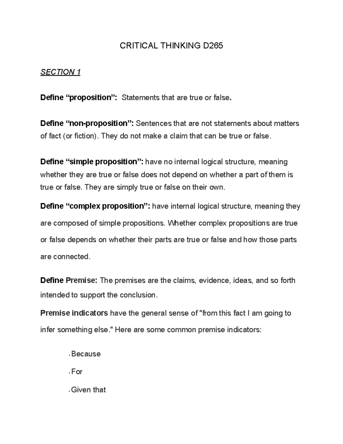 Critical thinking - Study guide - CRITICAL THINKING D SECTION 1 Define ...